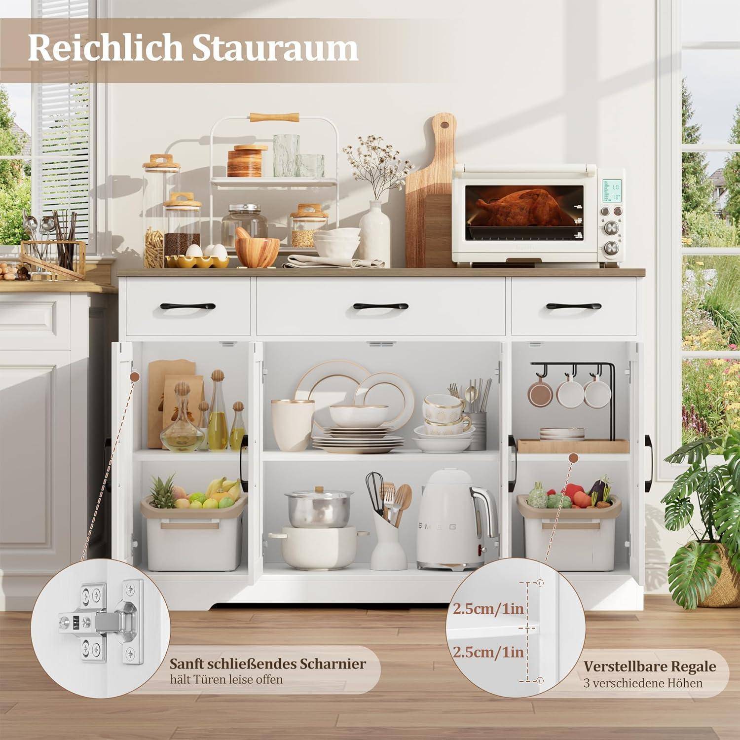 HOCSOK Sideboard 140cm Weiß/Braun mit 3 Schubladen und 4 Türen