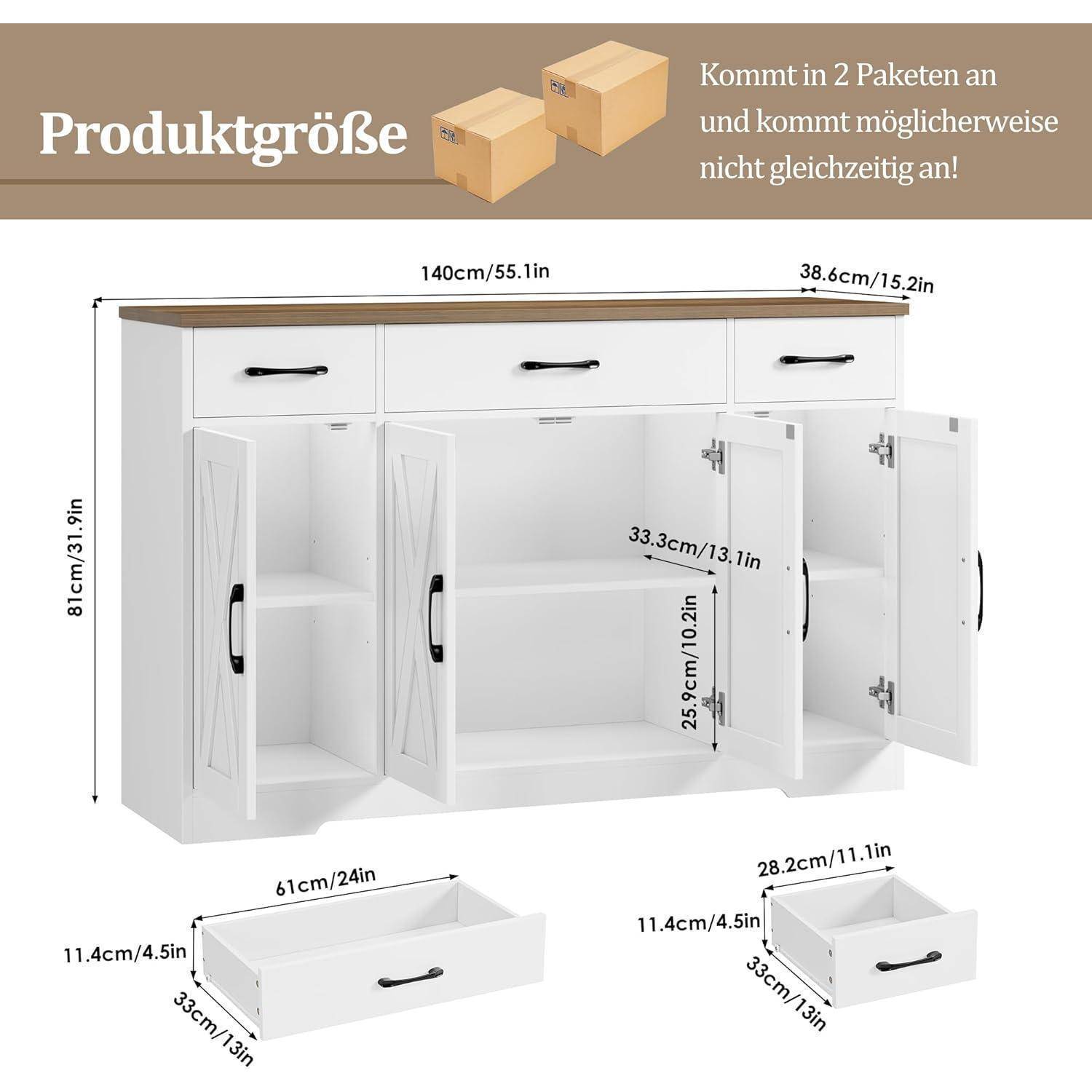 HOCSOK Sideboard 140cm Weiß/Braun mit 3 Schubladen und 4 Türen