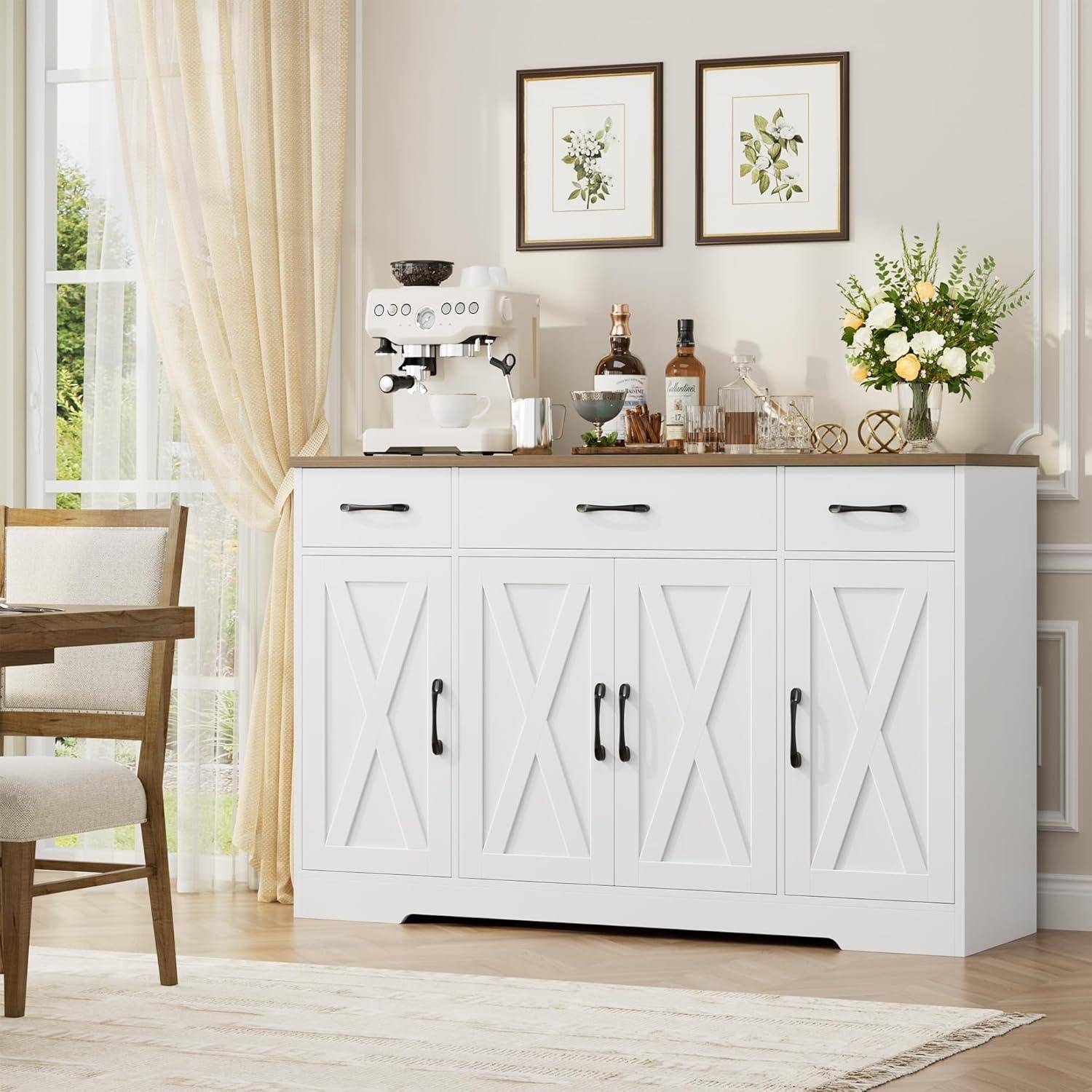 HOCSOK Sideboard 140cm Weiß/Braun mit 3 Schubladen und 4 Türen