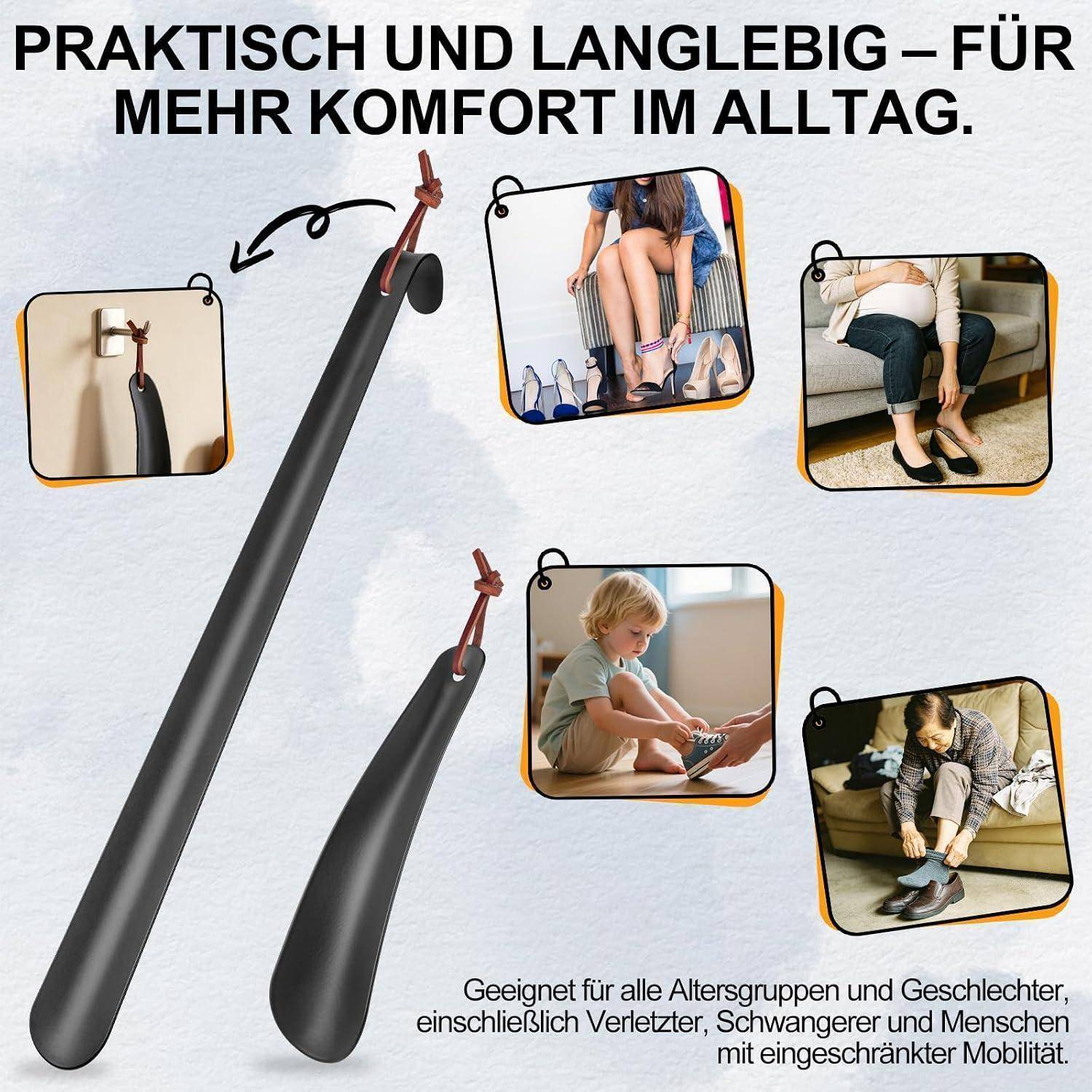 # Werbung für Schuhlöffel mit langen Griffen mit Text „PRAKTISCH UND LANGLEBIG – FÜR MEHR KOMFORT IM ALLTAG