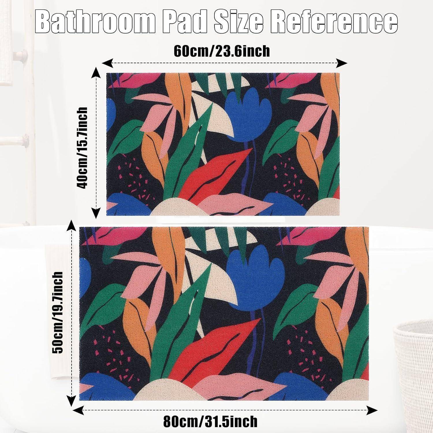 Badezimmermatte-Größenreferenz mit zwei Blütenmatten: 60 x 40 cm und 80 x 50 cm, mit beschrifteten Breiten- und Höhenmessungen in Zoll.