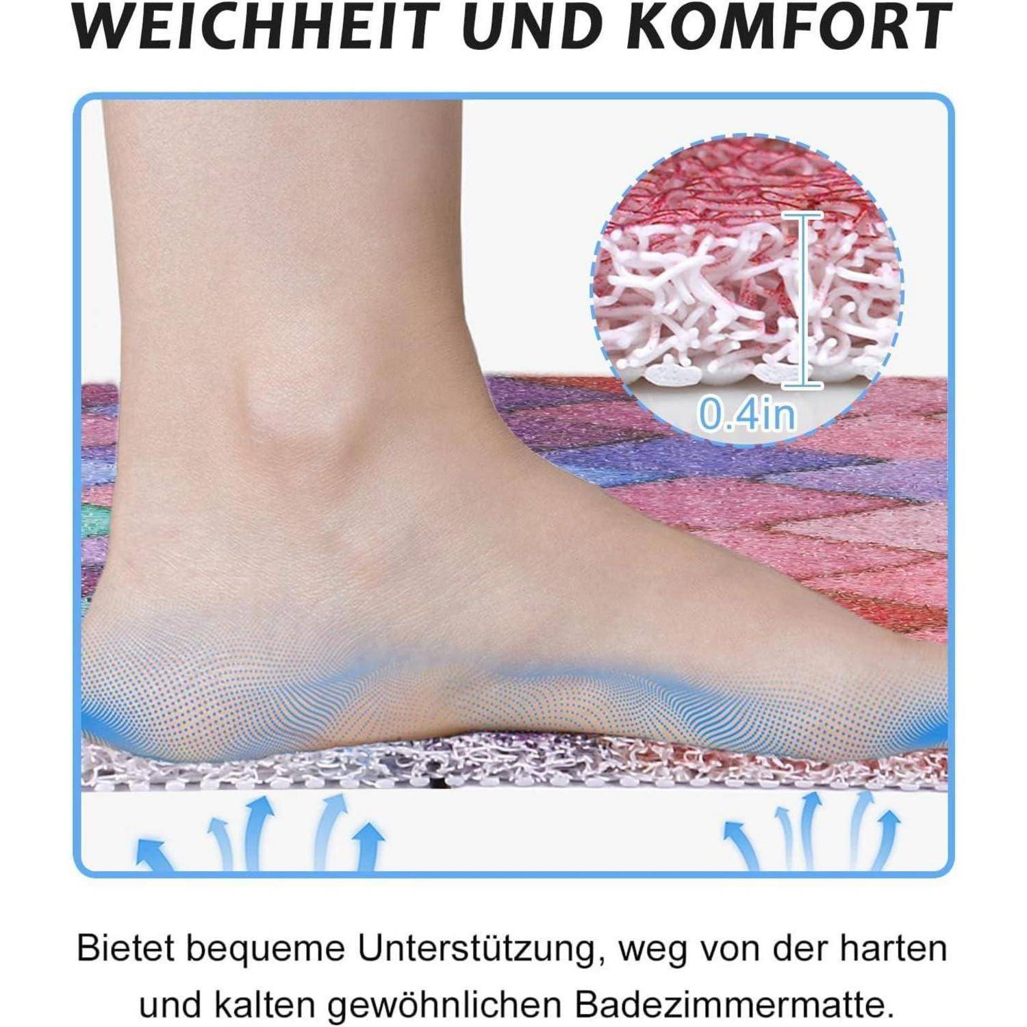 # Anzeige mit einem nackten Fuß auf einer gepolsterten Badmatte, beschriftet mit „WEICHHEIT UND KOMFORT" und „0,4 Zoll"", die weiches, bequemes Polster und Wärmeverwahrung bewirbt.
