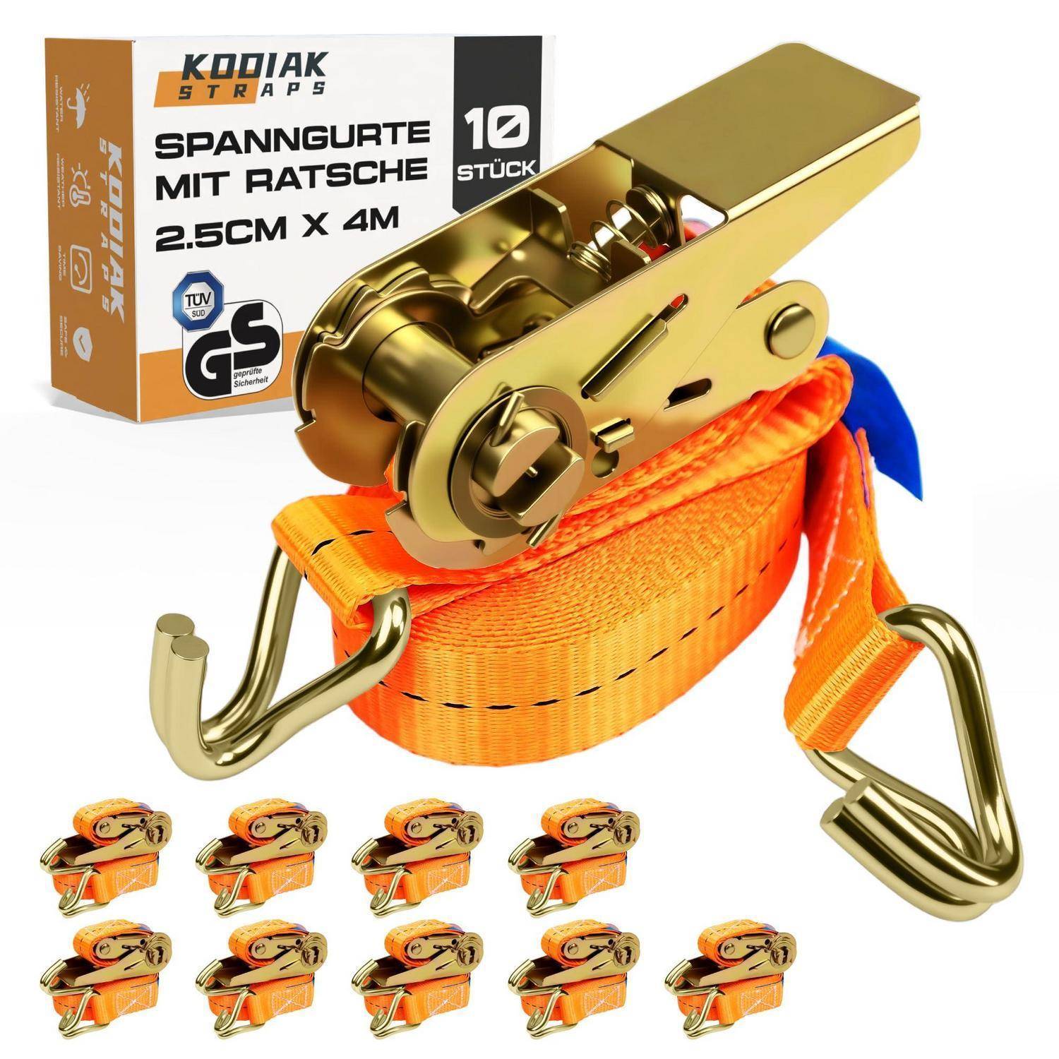 Produktbild einer KODIAK STRAPS Ratschenschnallenbefestigungsset mit orangefarbenem Gurt, goldenem Ratschenmechanismus und Haken, gekennzeichnet mit '10 Stück' und '2,5 cm x 4 m'.