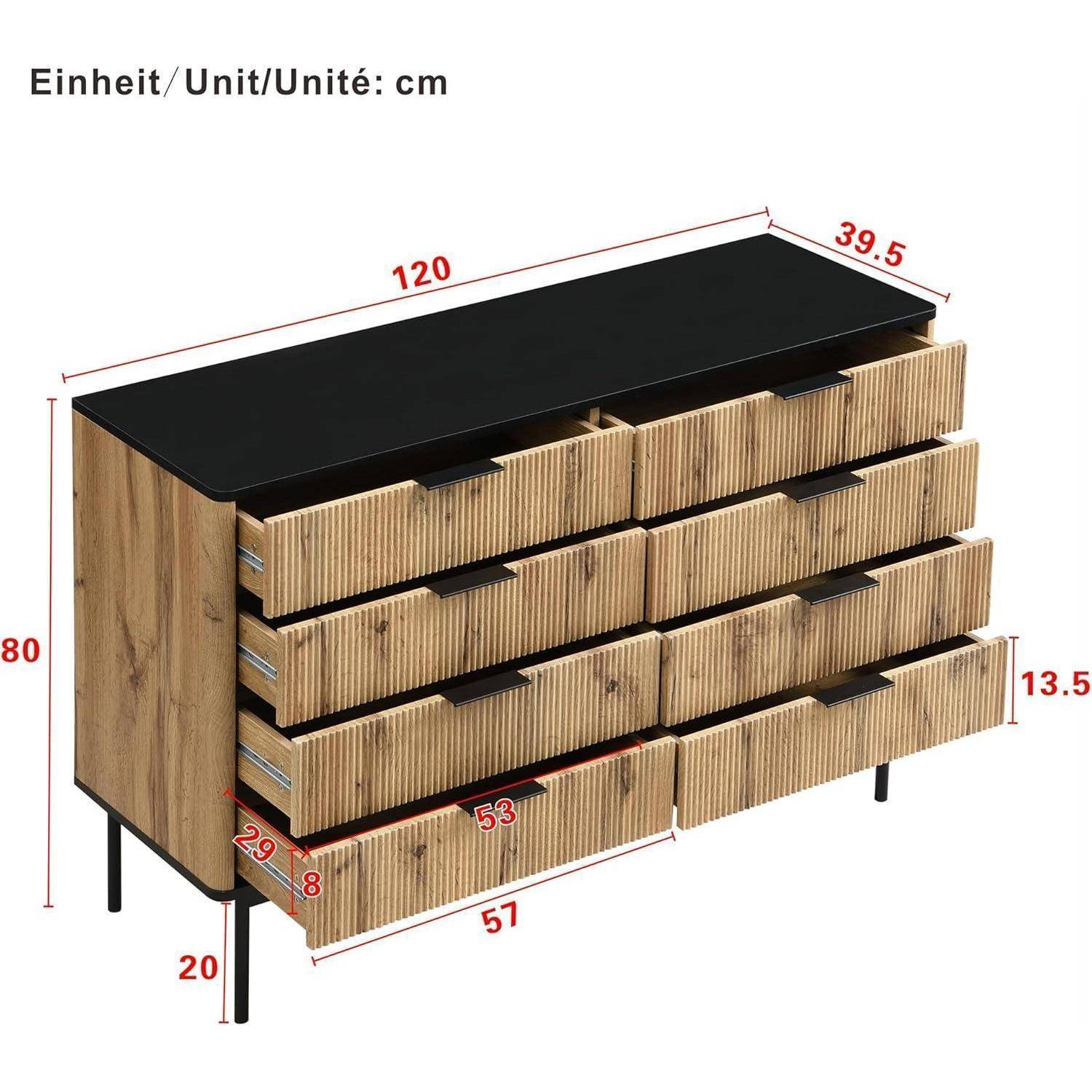 Holzkommode mit schwarzer Platte und acht Schubladen, gezeigt mit Abmessungen in cm: 120 breit, 39,5 tief, 80 hoch.