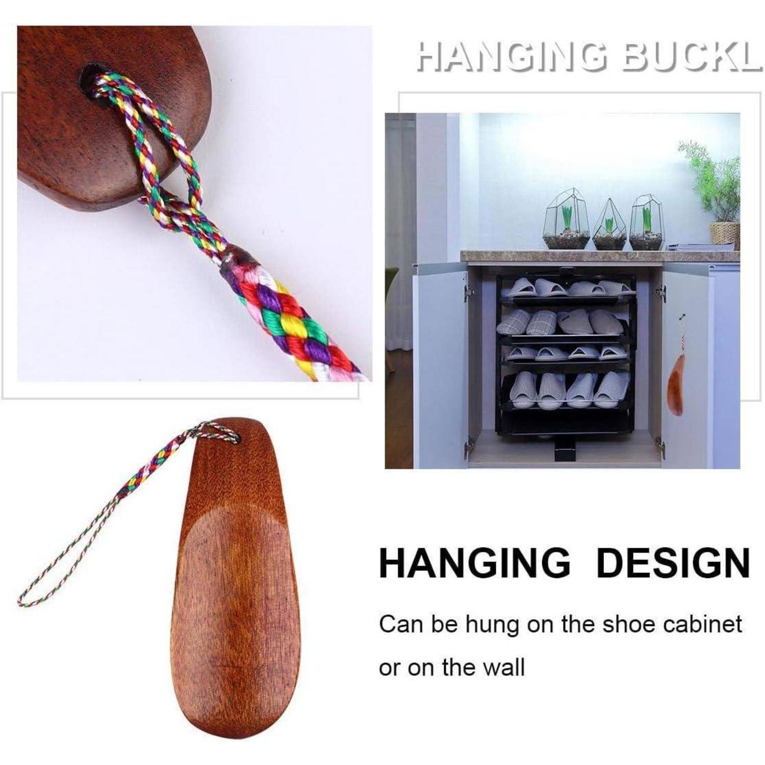 Bild zeigt ein farbenfrohes geflochtenes Aufhängeseil, das an einem Schuhlöffel aus Holz befestigt ist, mit einem Beispiel eines Schuhrankels und dem Text „AUFHÄNGEDESIGN