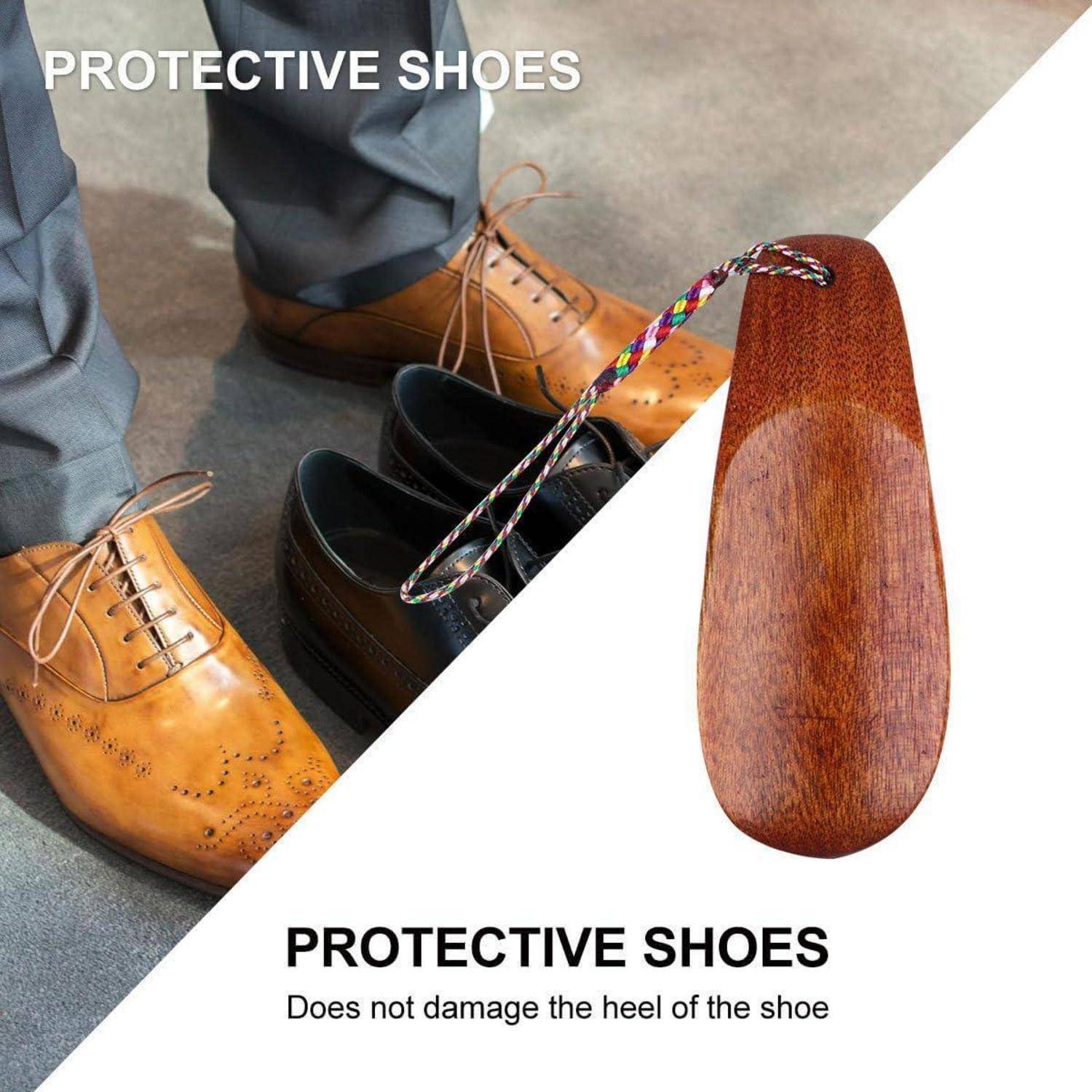 Schutzüberzug für Schuhe/Fersenprotektor für Schuhe, gezeigt mit Herrenschuhen und einem Holzoberflächen-Schutzpad, mit der Beschriftung „PROTECTIVE SHOES