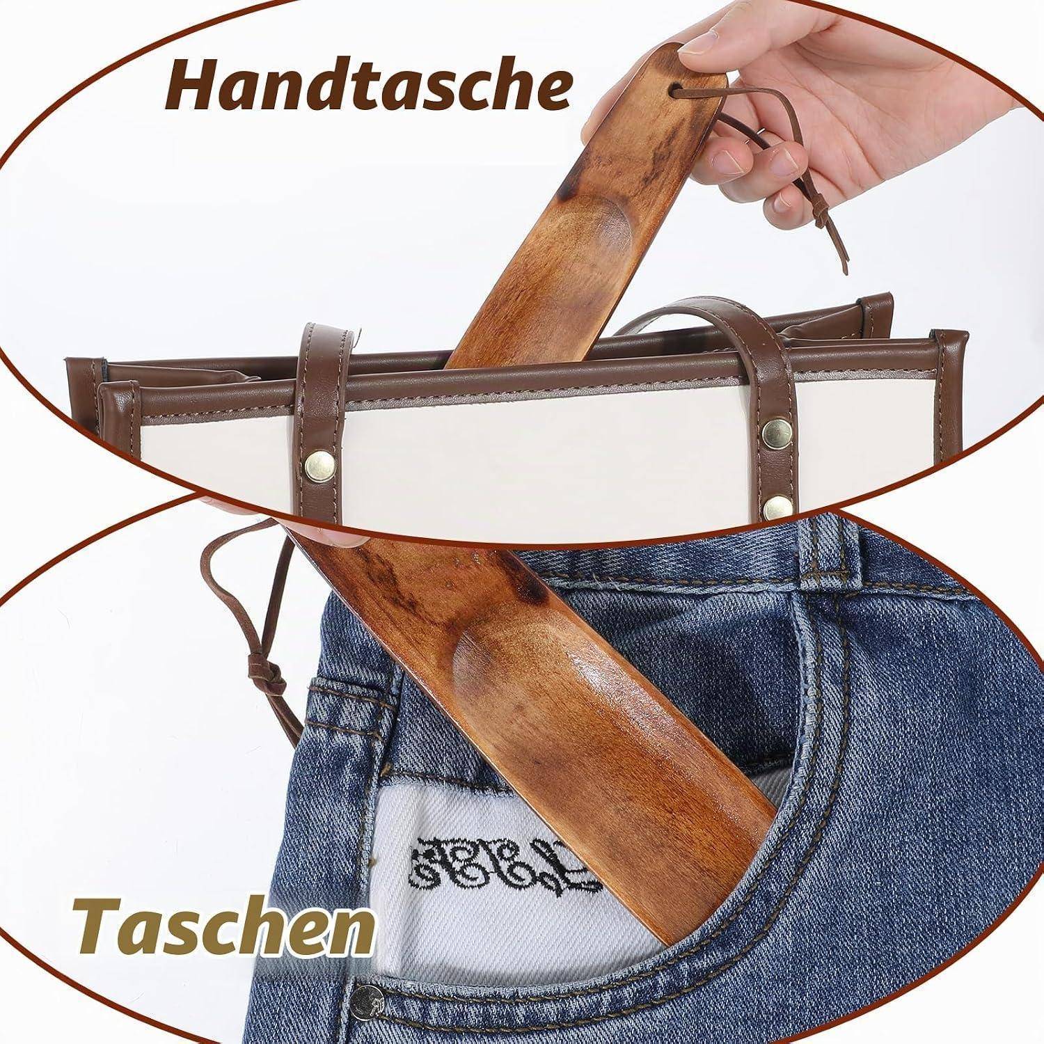 Werbebild eines Holzstocks/einer Holzstange, die in eine Handtasche und eine Gesäßtasche einer Jeans eingeführt ist, mit den Beschriftungen „Handtasche