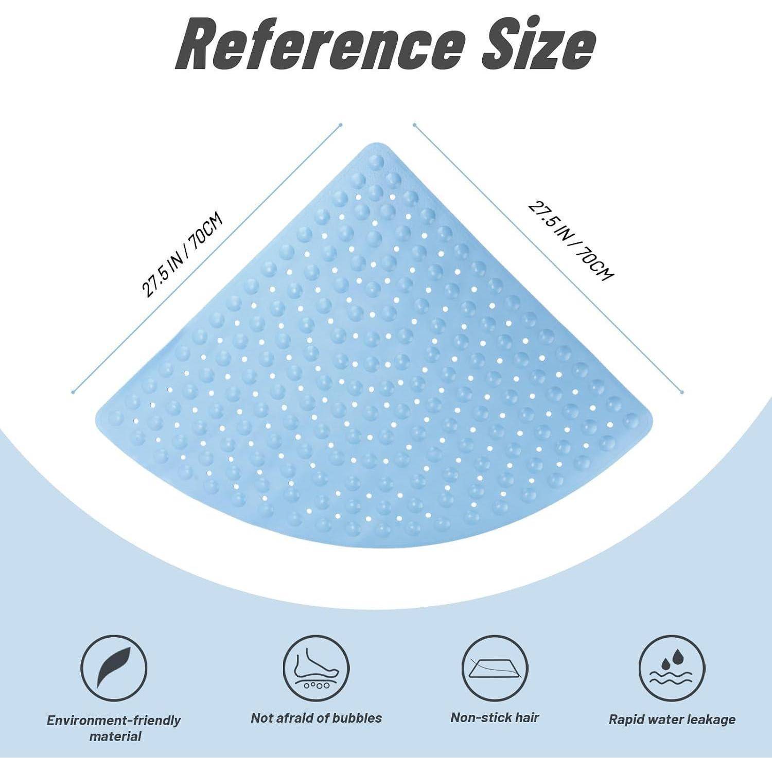 Blaue gewölbte Badmatte aus Silikon als Referenzgröße dargestellt, misst 27,5 Zoll/70 cm pro Seite, mit Symbolen für umweltfreundlich, blasenresistent, rutschhemmend gegen Haare und schnelle Entwässerung.
