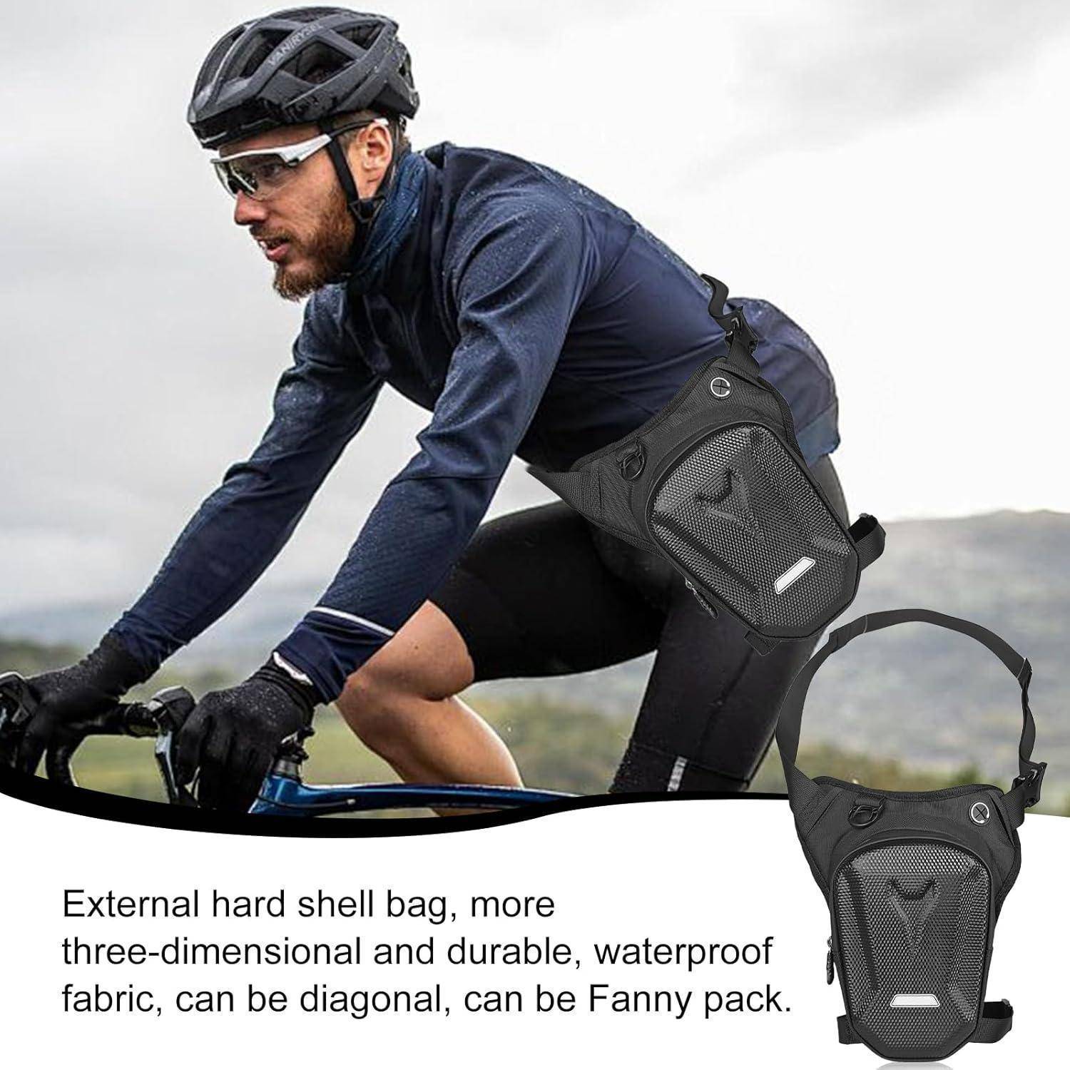 Radfahrer, der eine schwarze wasserdichte externe Hartschalen-Hüfttasche trägt, wird beim Fahren eines Fahrrads gezeigt; das Produktbild hebt die Tasche Form und Trageoptionen hervor.