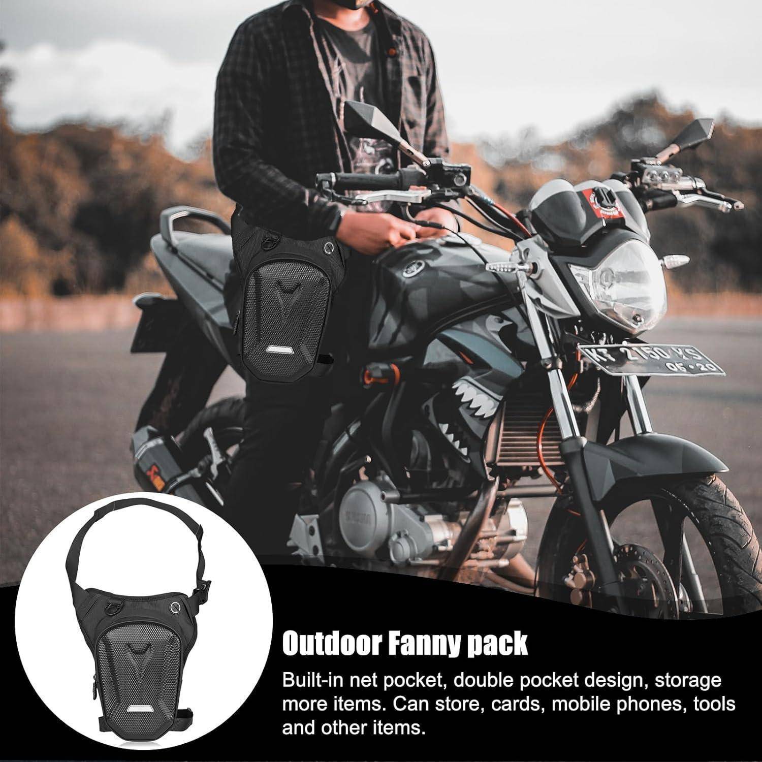 Person auf einem Motorrad mit einer schwarzen Outdoor-Bauchtasche, die in einer Bildeinblendung hervorgehoben ist, mit der Bezeichnung „Outdoor-Bauchtasche" und Text zu den Speicherfunktionen.