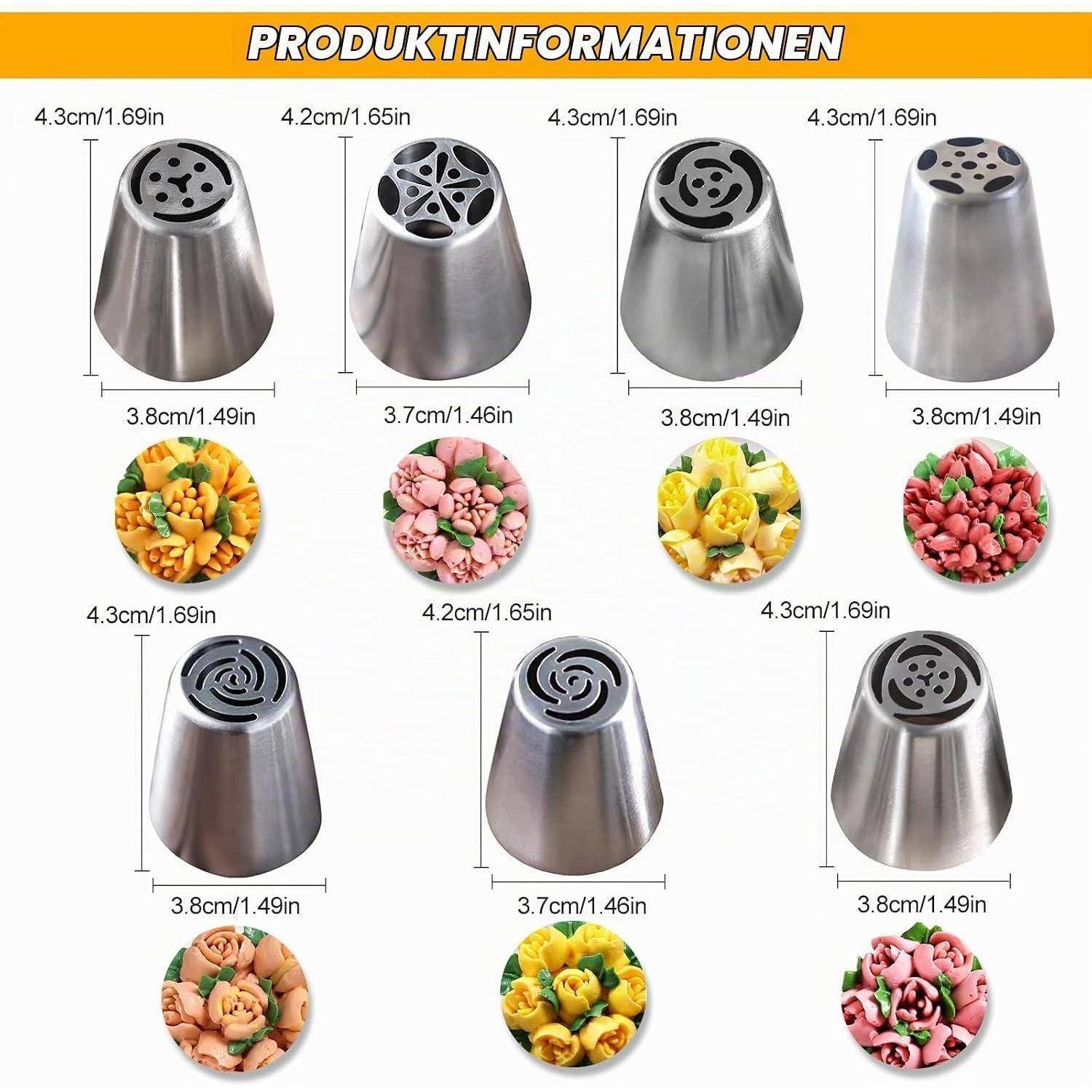 Produktinformationstabelle mit sieben Edelstahl-Spritzdüsen mit Größenangaben und den Gebäckformen, die sie erzeugen.