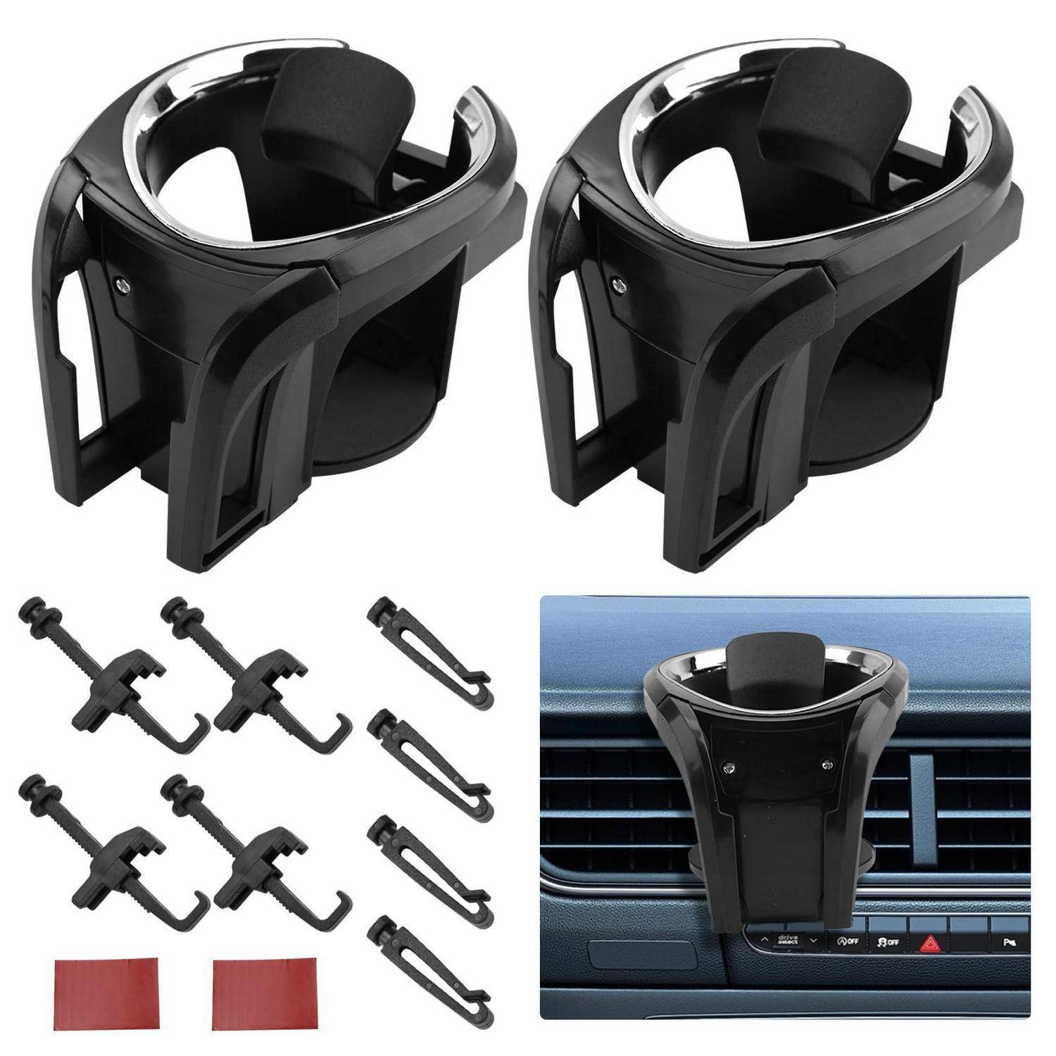 Zwei schwarze Auto-Getränkehalter mit Klammern und Klebepads sowie ein Beispiel, das auf einem Armaturenbrett-Lüftungsschlitz installiert ist.