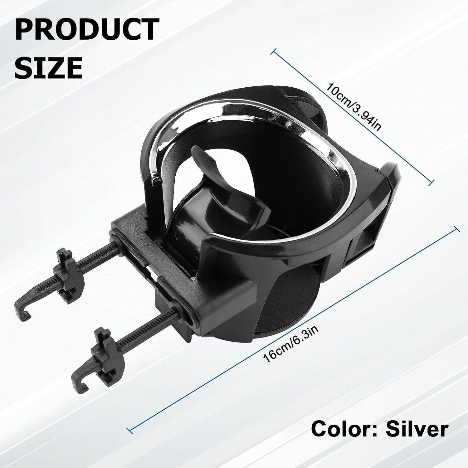 Schwarze verstellbare Klemmhalterung mit Produktgrößenbeschriftungen, 10 cm breit und 16 cm lang, Farbe silber.