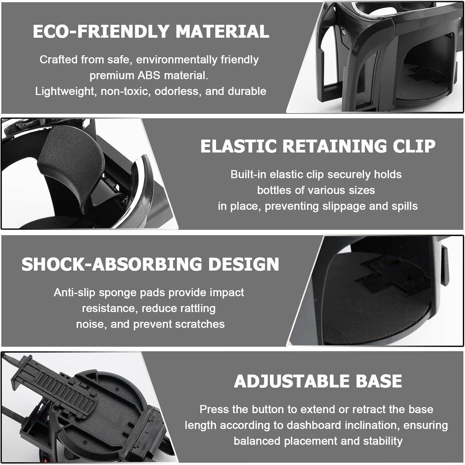 Vierpanel-Produktinfografik für eine Auto-Getränkehalterung: umweltfreundliches ABS-Material, elastische Halteklammer, stoßdämpfendes Design und verstellbare Basis für Stabilität.