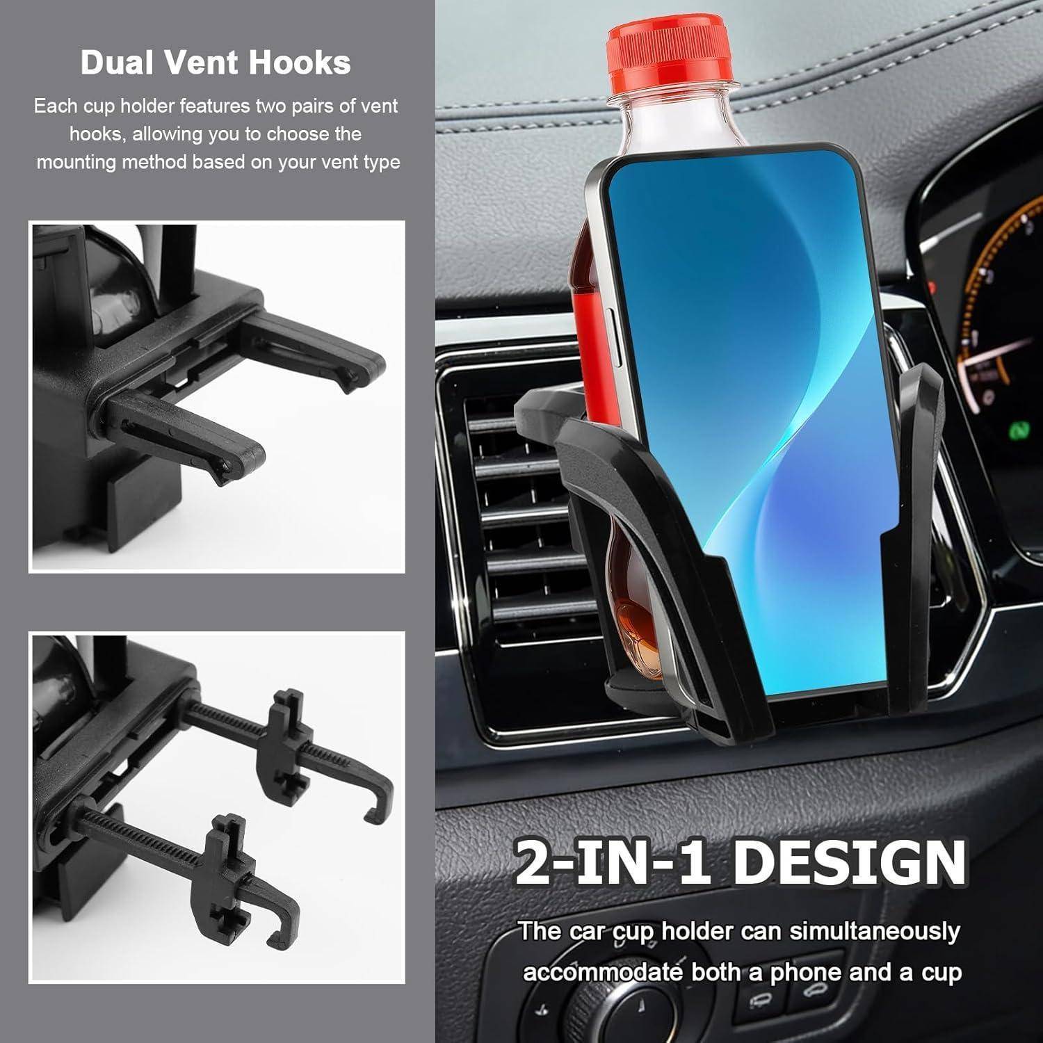 Werbebild einer Auto-Getränkehalter-Handyhalterung mit doppelten Lüftungshaken und 2-in-1-Design, die ein Smartphone und eine Trinkflasche in einem Armaturenbrett-Lüftungsgitter eines Autos hält.