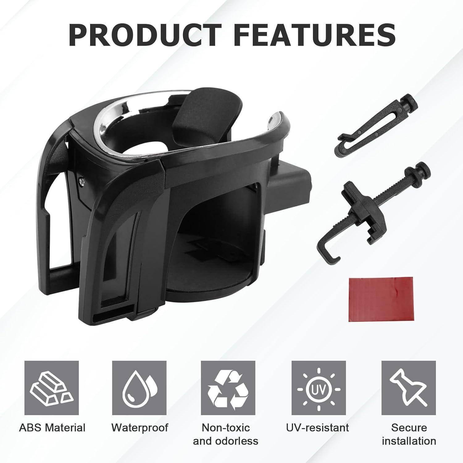 Produktmerkmale einer schwarzen Getränkehalter-Zubehör mit Befestigungsclips und Klebepads, gekennzeichnet als ABS-Material, wasserdicht, ungiftig und geruchlos, UV-beständig, sichere Installation.