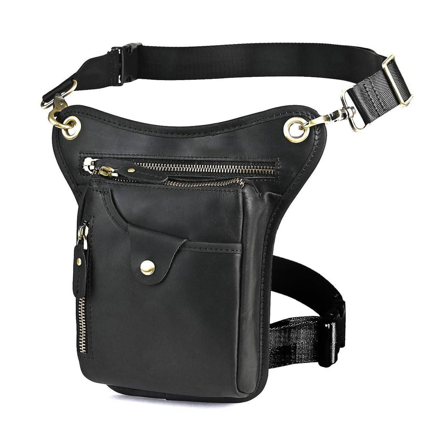 Schwarze Leder-Oberschenkel-Holster-Tasche mit verstellbaren Taille- und Beinriemen, vorderer Reißverschlusstasche und Klapptasche.