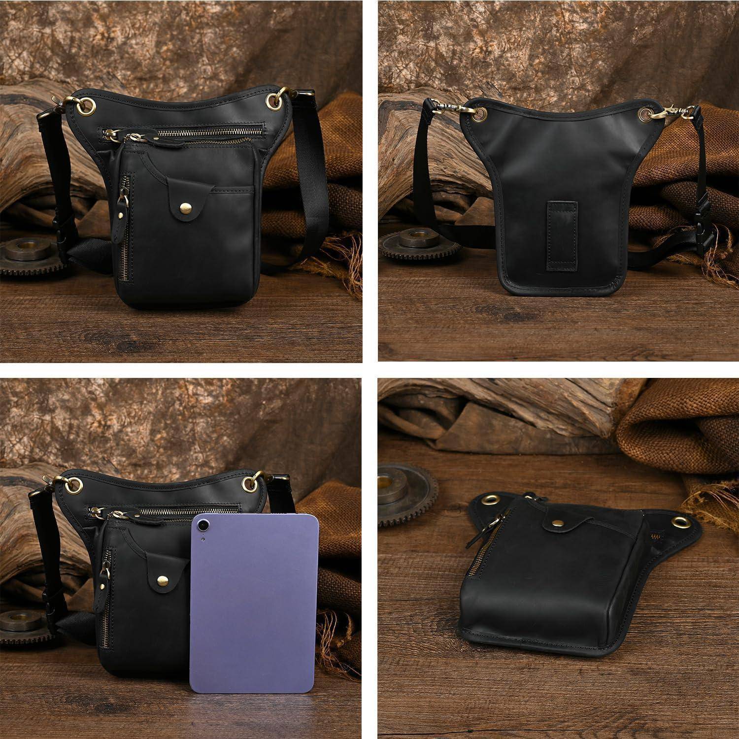 Vier Ansichten einer schwarzen Ledertasche zum Umhängen mit Vordertasche, Reißverschluss und goldenen Ösen, dargestellt mit einem lila Tablet als Größenvergleich.
