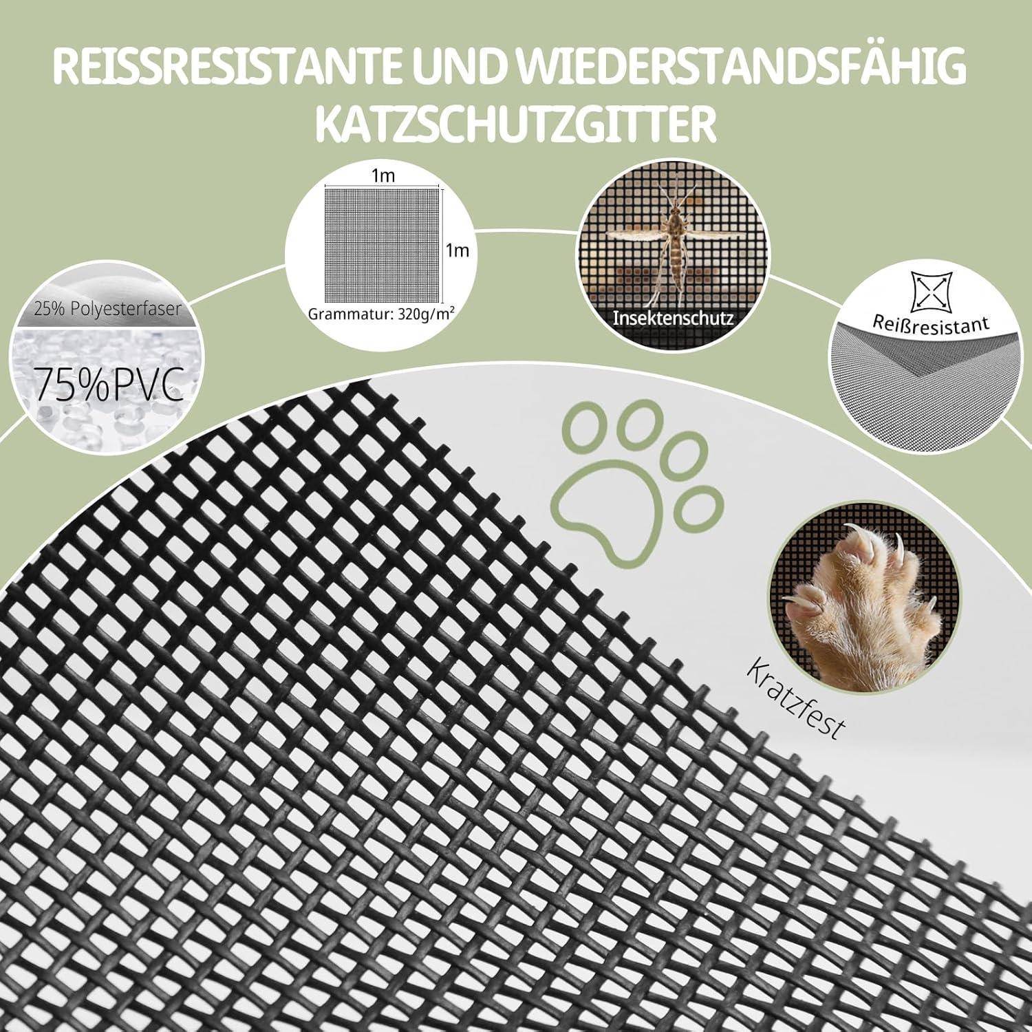 Grafik eines reißfesten, kratzerresistenten Fliegengitters, zeigt 75% PVC, 25% Polyester, 320 g/m², 1 m x 1 m, Insektenschutz und Katzenklauentest.