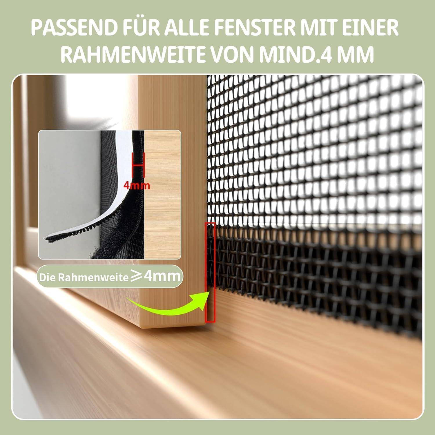 Illustration einer Fensterfliegengitterklemme für Fenster mit einer Rahmenfuge von mindestens 4 mm, mit deutschem Text, der 