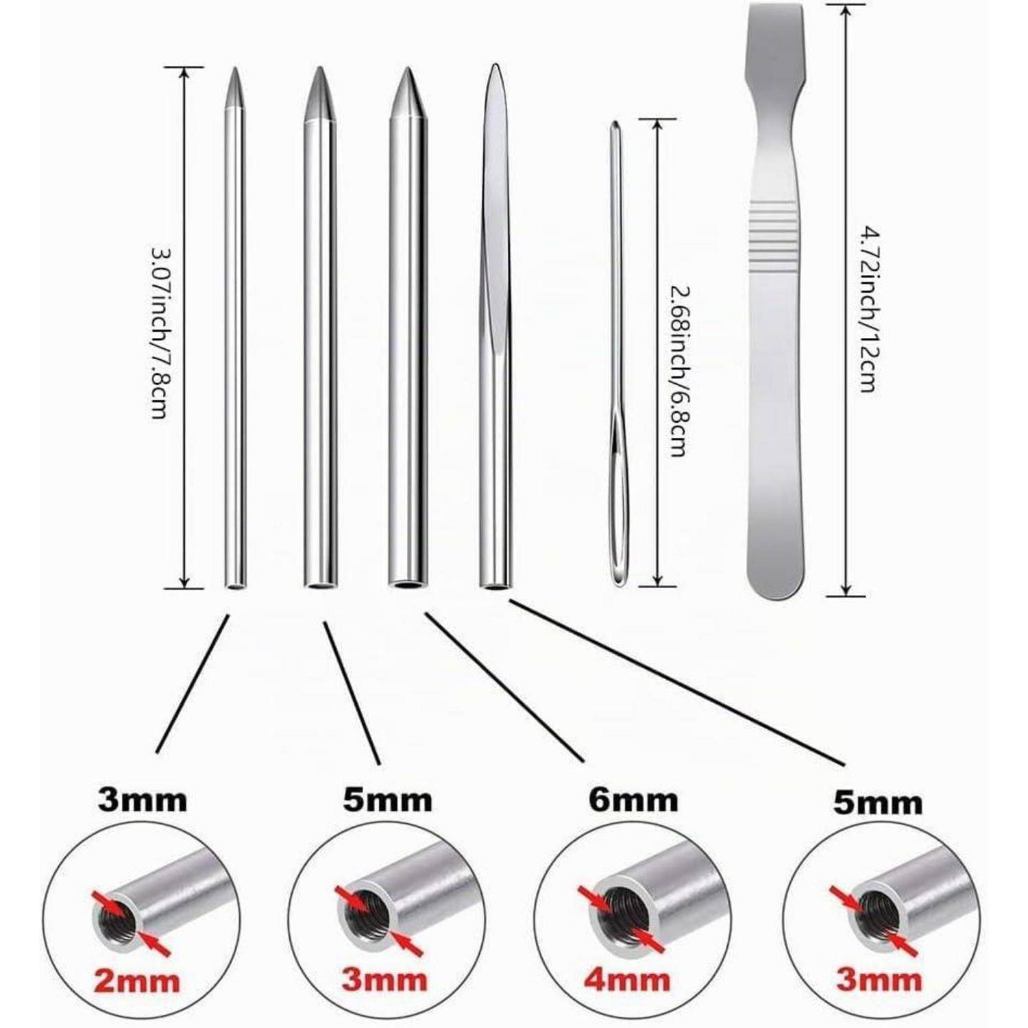 Diagramm von Edelstahl-Nagelkunstwerkzeugen mit beschrifteten Größen 3,07 Zoll, 2,68 Zoll und 4,72 Zoll sowie Spitzendurchmessern von 2 mm, 3 mm und 4 mm.