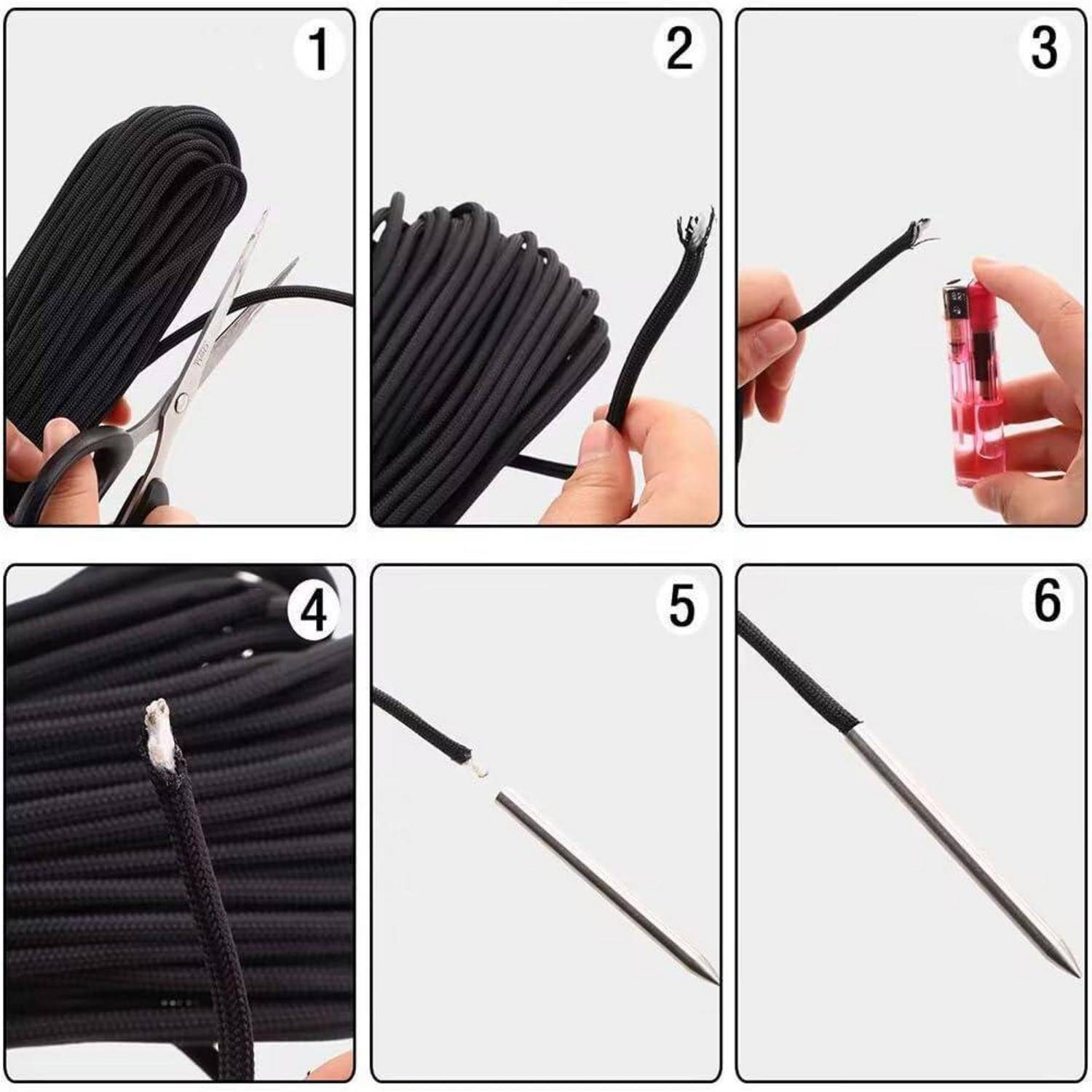 Sechsstufiges Diagramm, das zeigt, wie man ein schwarzes Kabel mit einem Feuerzeug zuschneidet, abisoliert und in einen Metallstecker mit freiliegendem Drahtende einpasst.