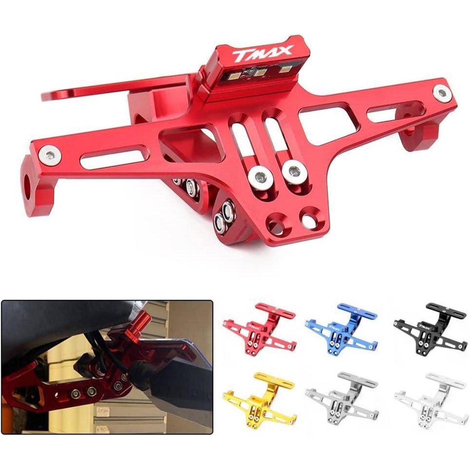 Rot eloxierter TMAX Motorrad-Kennzeichenhalter/Halterung, montiert auf einem Motorrad gezeigt, mit Farboptionen in Rot, Blau, Schwarz, Gold, Silber und Weiß.