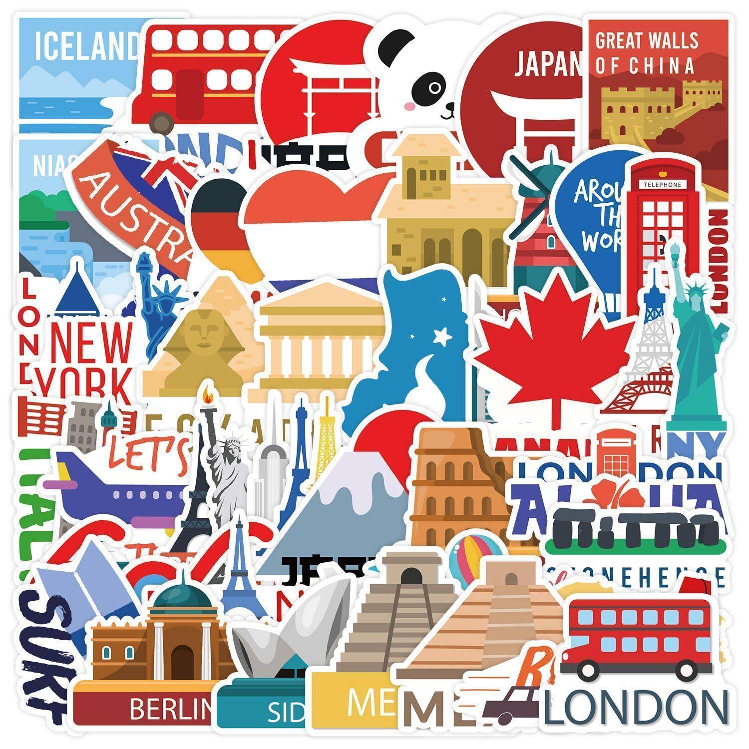 Collage von Reiseaufklebern und Wahrzeichen aus Städten und Ländern weltweit, darunter London, New York, Japan, Island, Berlin und Australien.