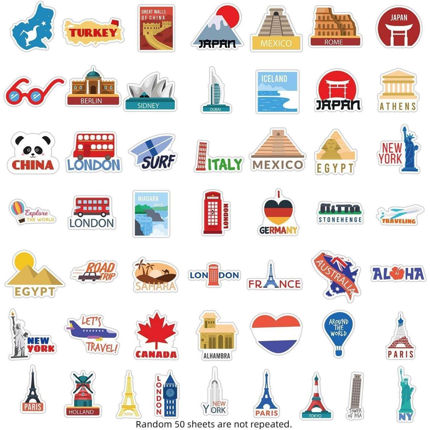 Ein Blatt mit Reiseziel-Aufklebern und Symbolen, einschließlich Länder und Städte wie Japan, Türkei, London, Paris, New York, Ägypten, Kanada und Australien.