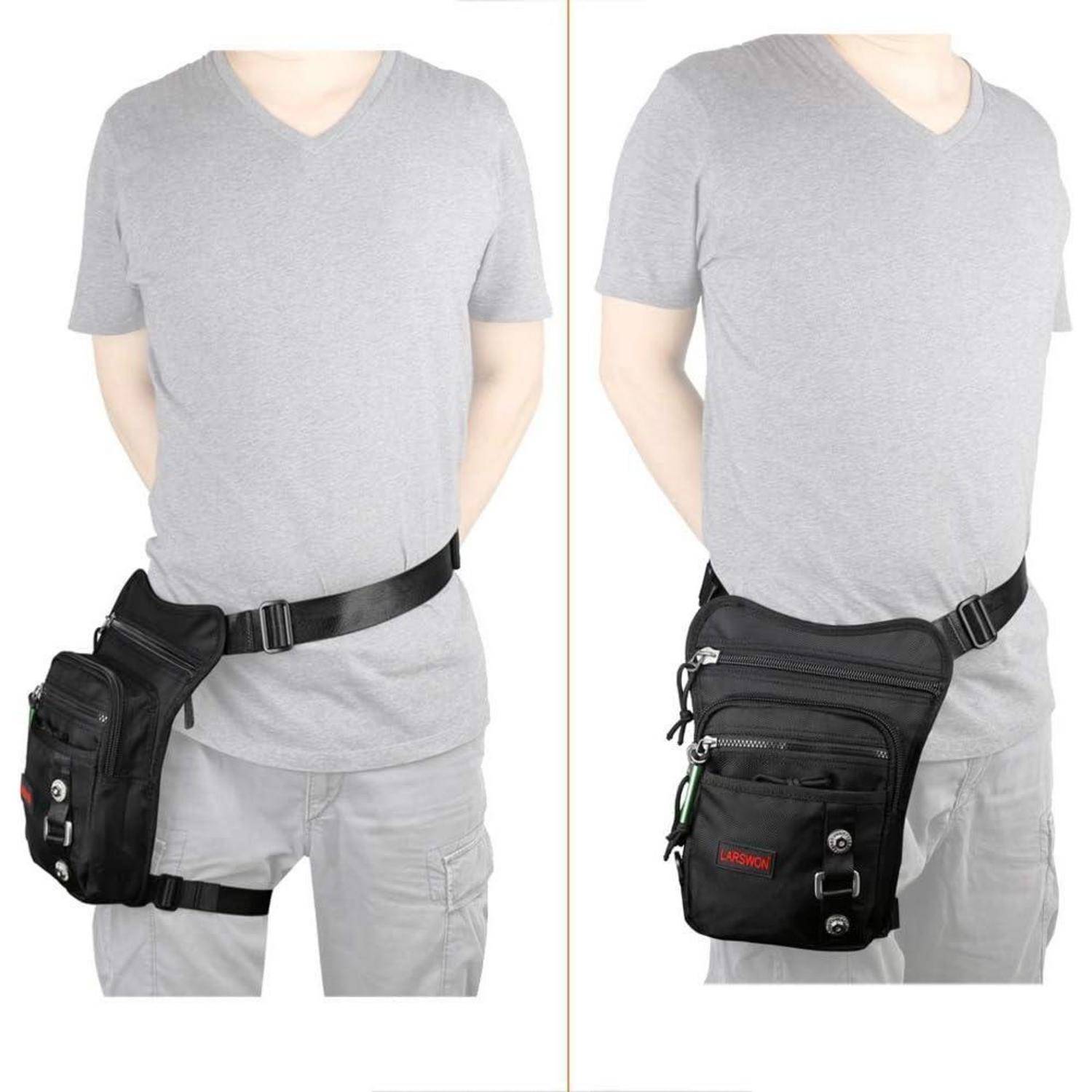 Person trägt eine schwarze taktische Hüfttasche, die um die Hüften geschnallt ist, gezeigt von vorne und von der Seite.