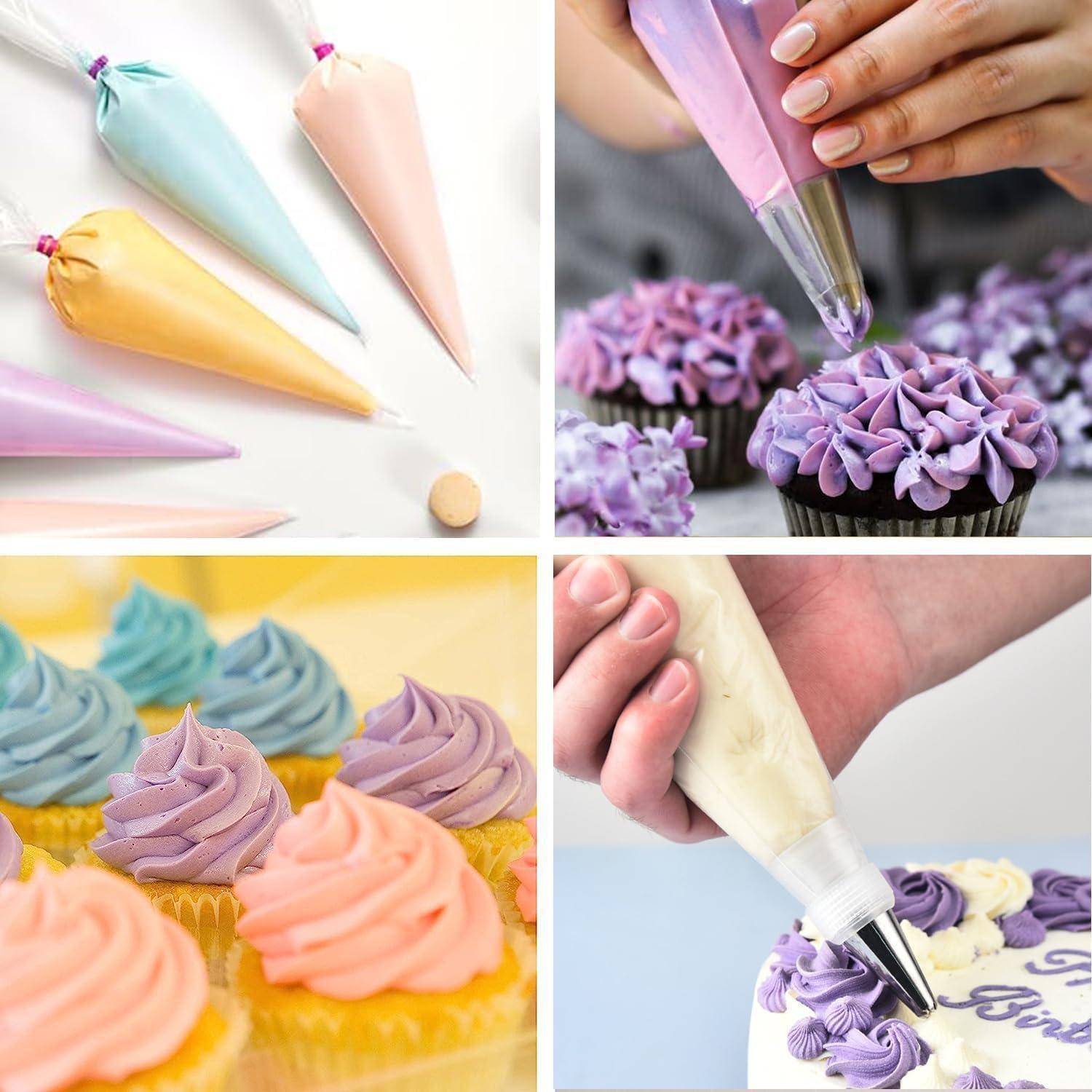 Collage von Spritzbeuteln und dekorierten Cupcakes mit Pastellfrostingtechniken, einschließlich Blumen- und Wirbeldesigns.