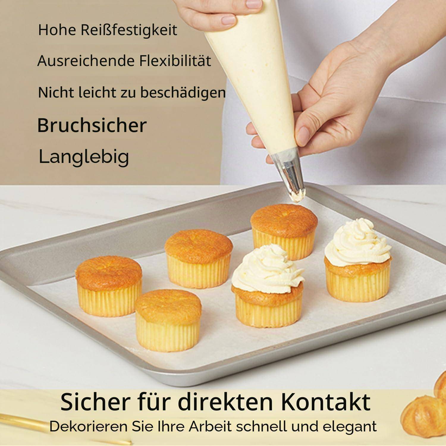 Person, die Frosting auf Cupcakes auf einem Backblech spritzt; deutscher Text bewirbt ein langlebiges, flexibles, bruchsicheres Werkzeug, das für direkten Kontakt sicher ist.