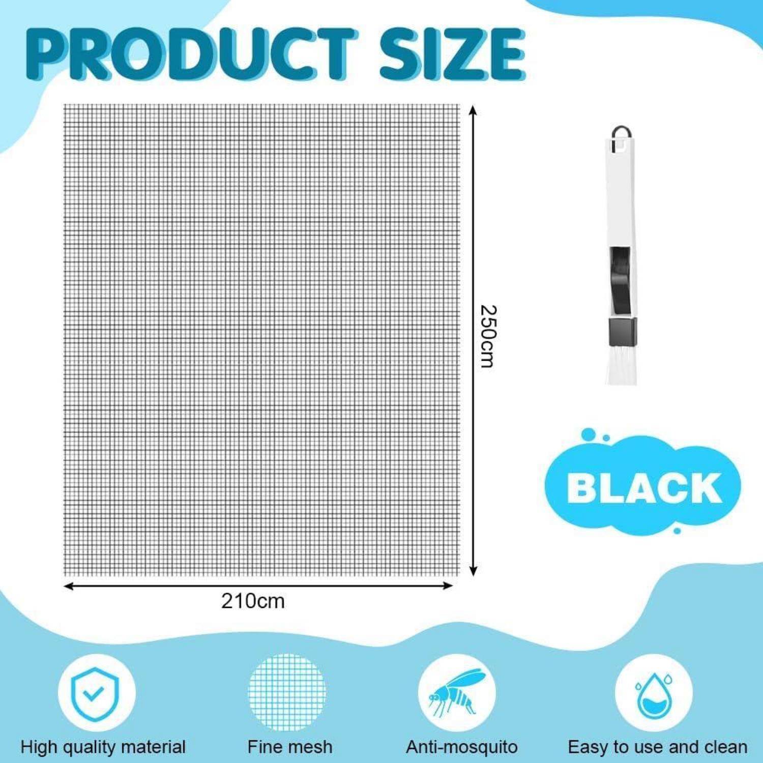 Produktgrößen-Grafik mit einem feinen Maschensieb von 210 cm Breite und 250 cm Höhe, mit schwarzem Reißverschluss und Funktionssymbolen für Qualität, Masche, Mückenschutz und einfache Reinigung.