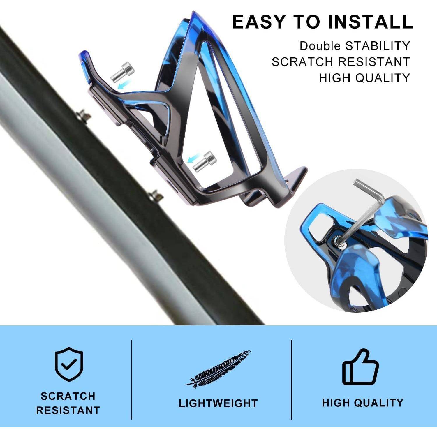 Werbegrafik eines blau-schwarzen Flaschenhalters für Fahrräder, der an einem Rahmen montiert ist, mit den Etiketten „Einfache Installation