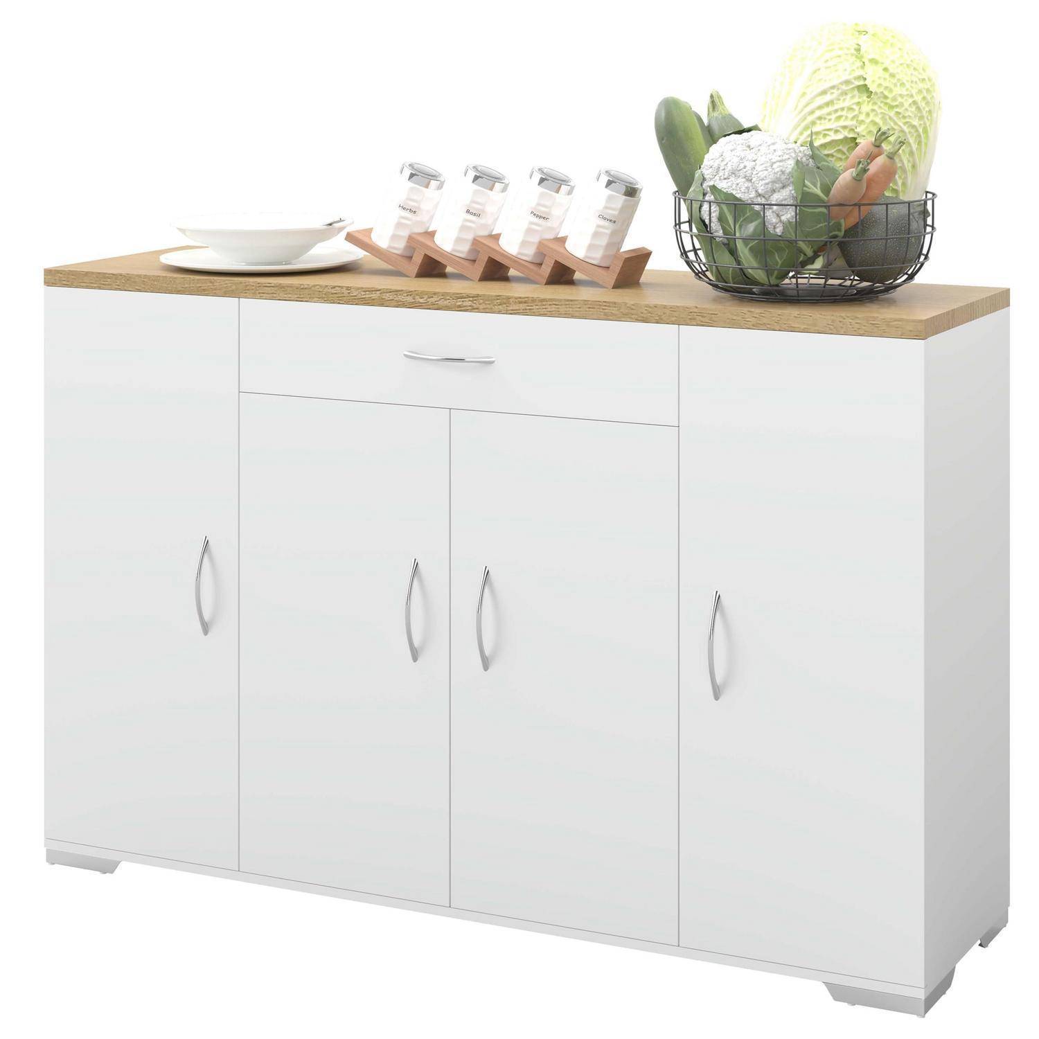 Weißes Küchen-Sideboard mit vier Türen und einer Schublade, mit einer Holzoberfläche oben, auf der sich ein Teller, Gewürzbehälter und ein Gemüsekorb befinden.