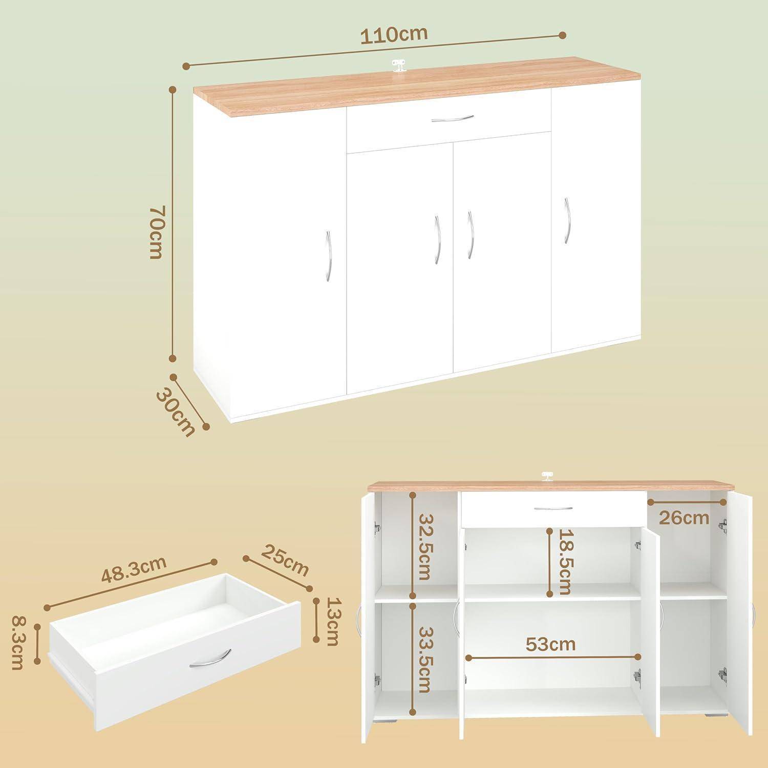 Möbeldimensionszeichnung, die einen weißen dreitürigen Schrank mit Holzplatte zeigt, 110cm breit, 70cm hoch, 30cm tief, plus Schublade und Innenregalmaße.