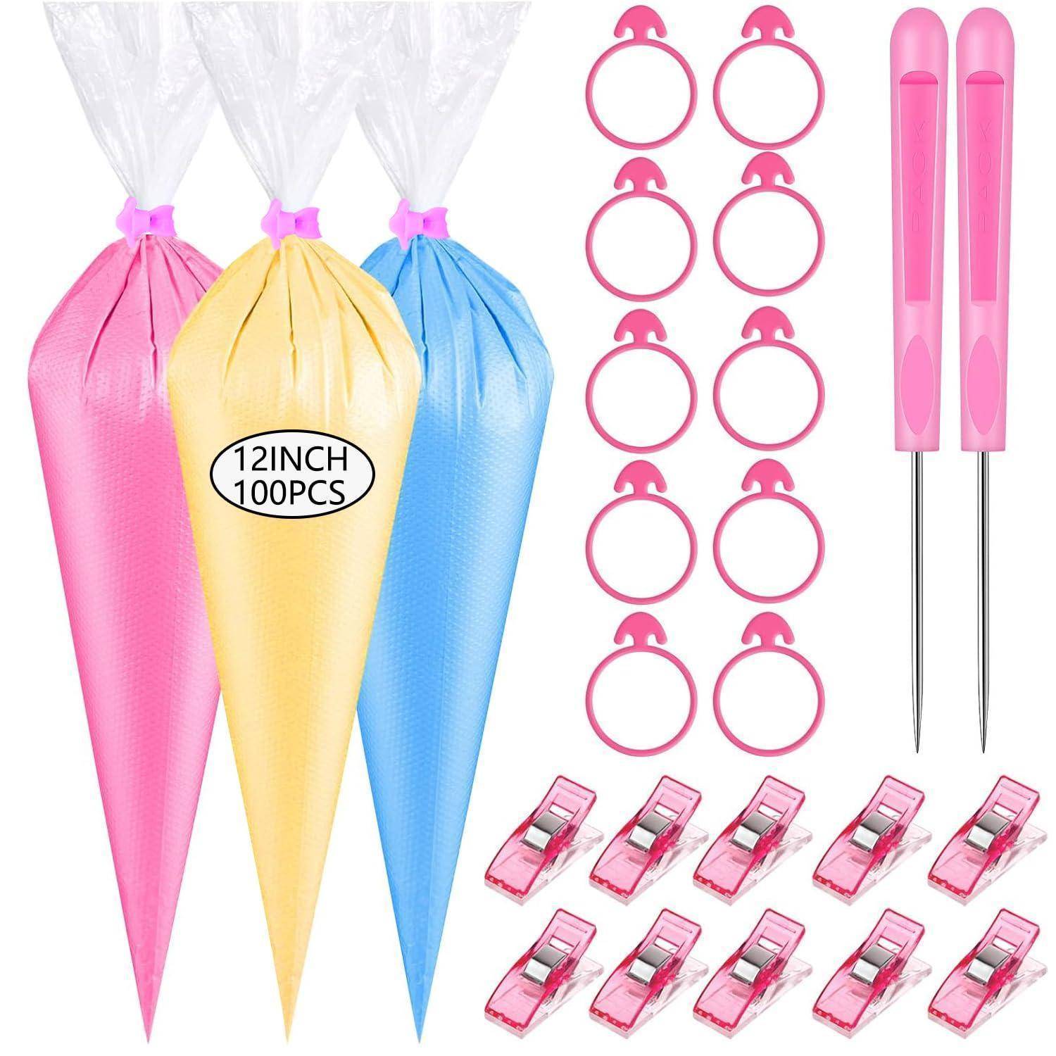 Satz von 30 cm langen pastellfarbenen kegelförmigen Spritzbeuteln mit rosa Ringen und Kupplungen, plus zwei rosa Spritztüllen und Clips, gekennzeichnet mit „12INCH 100PCS