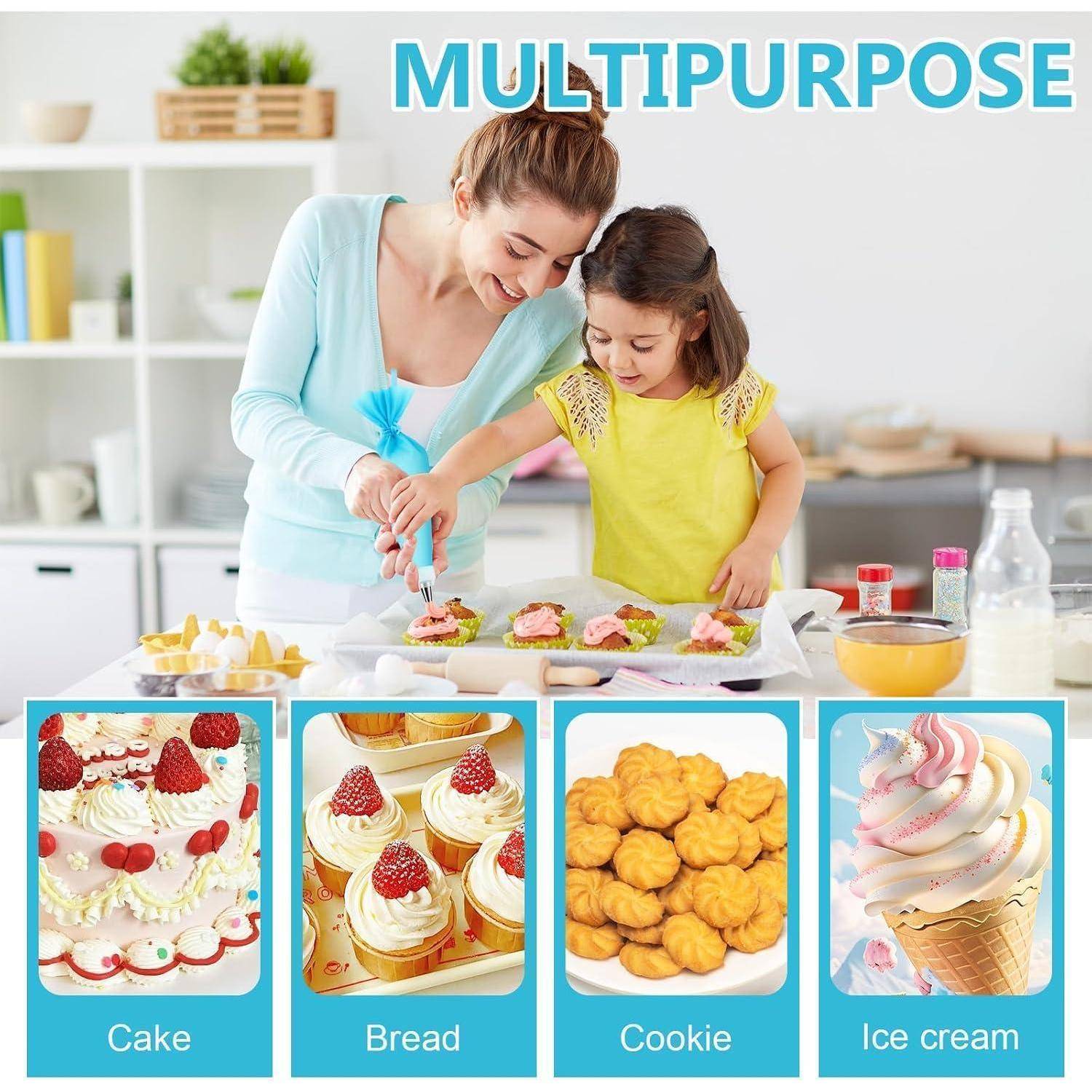 Frau und junges Mädchen dekorieren Cupcakes in einer hellen Küche, mit Produktbildern darunter, die mit „Kuchen