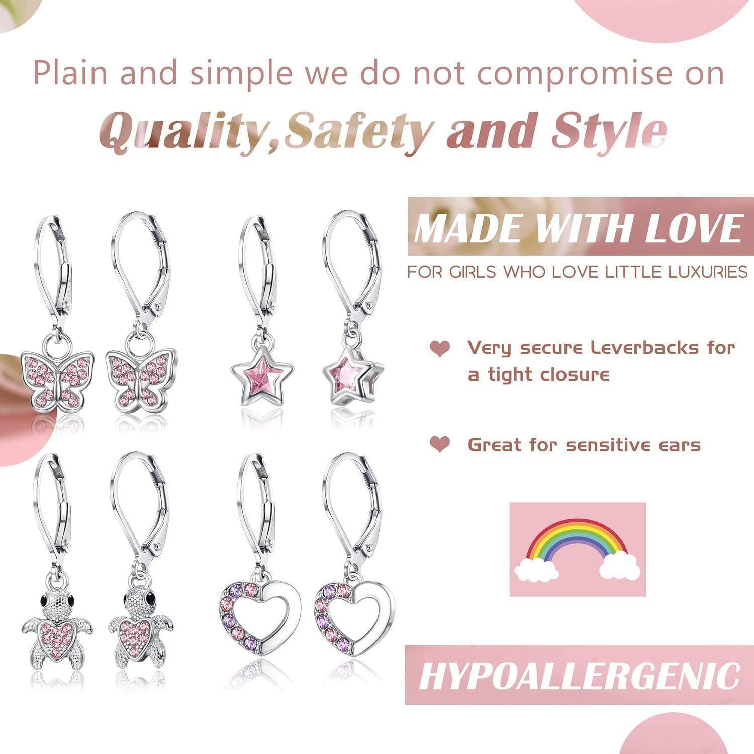 Werbebild von rosa Mädchen-Ohrringen mit Schmetterlingen, Sternen, Teddybären und Herzdesigns, das sichere Hebelverschlüsse, hypoallergene Materialien und geschenkbereiten Stil hervorhebt.