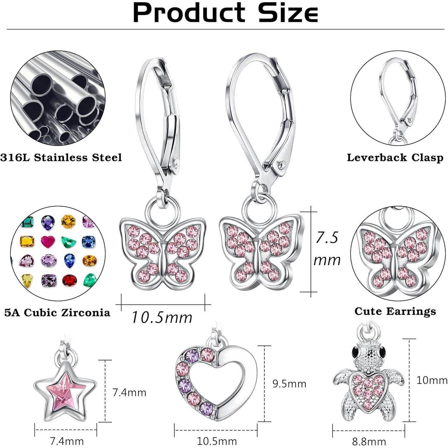 Größentabelle für Silberohringe und Charms mit Hebelverriegelung, 316L Edelstahl, 5A Zirkonia und Beispielgrößen in Millimetern für Schmetterlings-, Stern-, Herz- und Schildkröten-Designs.