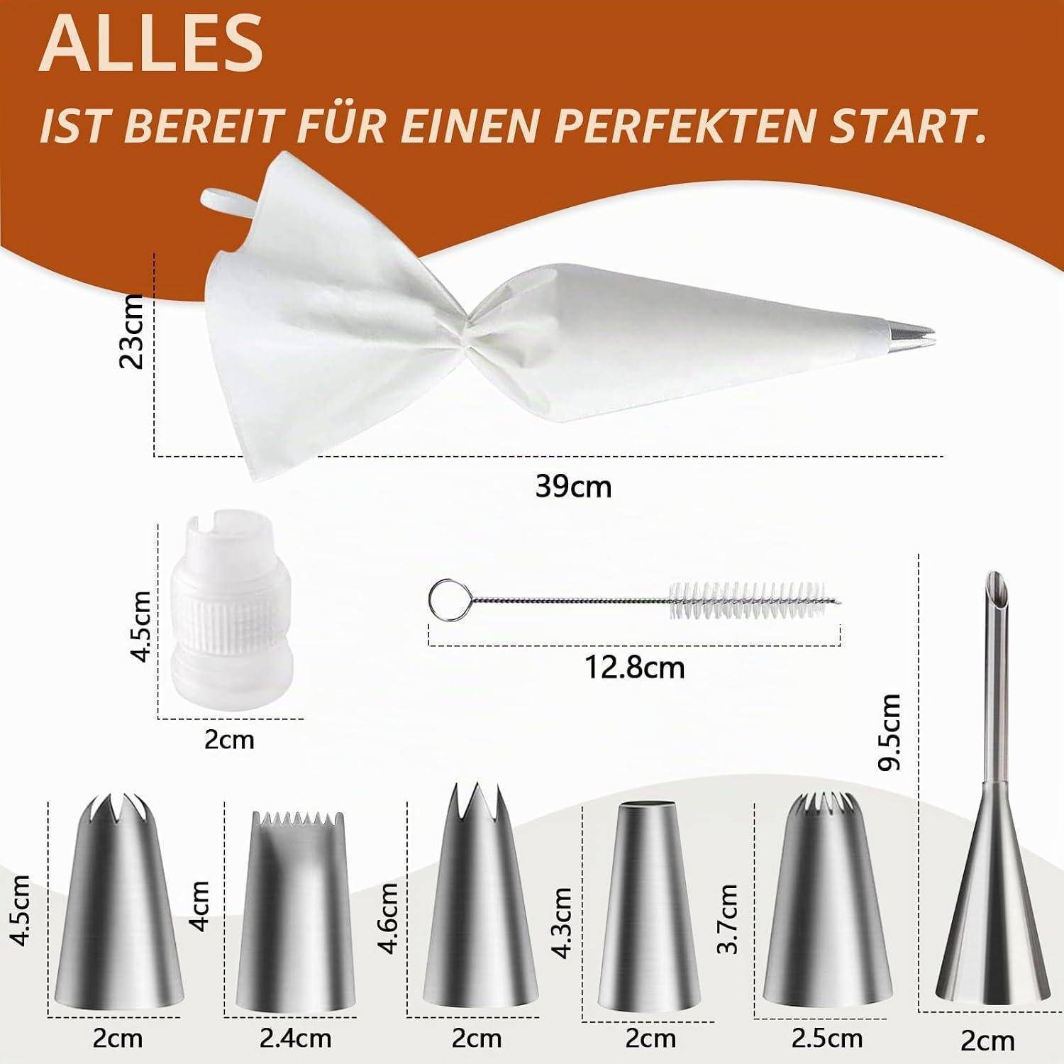 Produktinfografik mit einer Spritzbeutel mit 5 Konditordekorationstülpel, einer Kupplung und einem Pinsel, mit in cm beschrifteten Abmessungen.