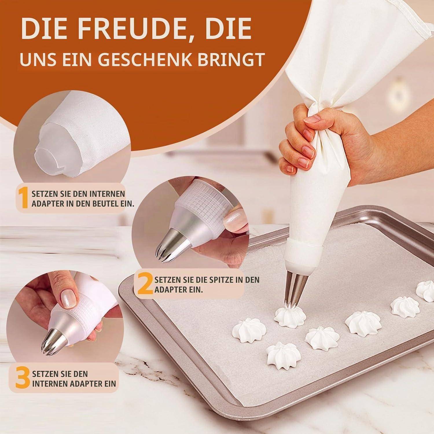 Deutschen Backtratt-Grafik zum Befüllen einer Spritztüte und zum Spritzen von sternförmigen Baisergebäcken; Schritte 1-3 zeigen das Einsetzen des internen Adapters, der Spitze und des Adapters.