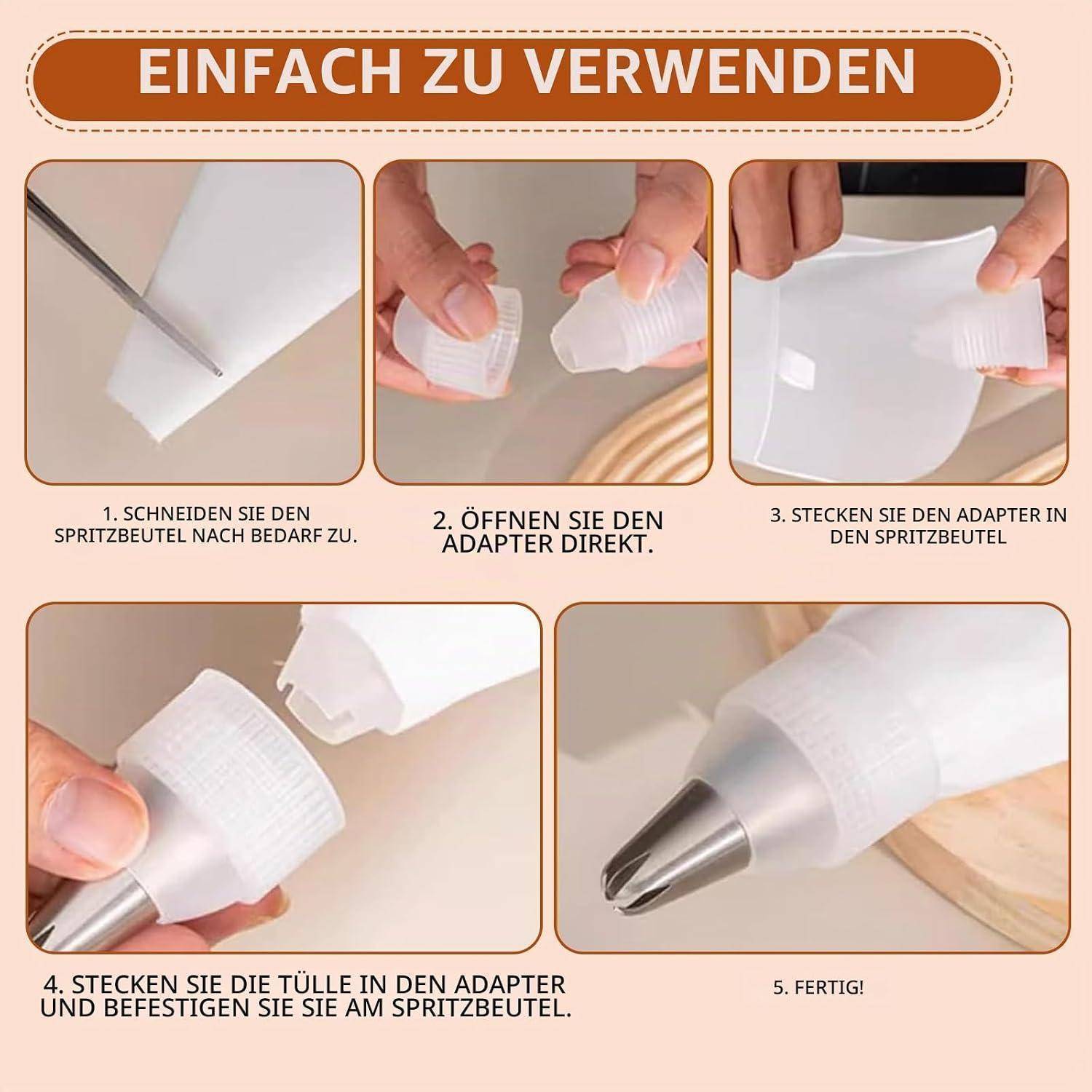 Illustrierte deutsche Anleitung zur Verwendung eines Spritzbeutel-Adapters: Beutelspitze abschneiden, Adapter öffnen, einschieben, Spritztülle befestigen, dann spritzen.