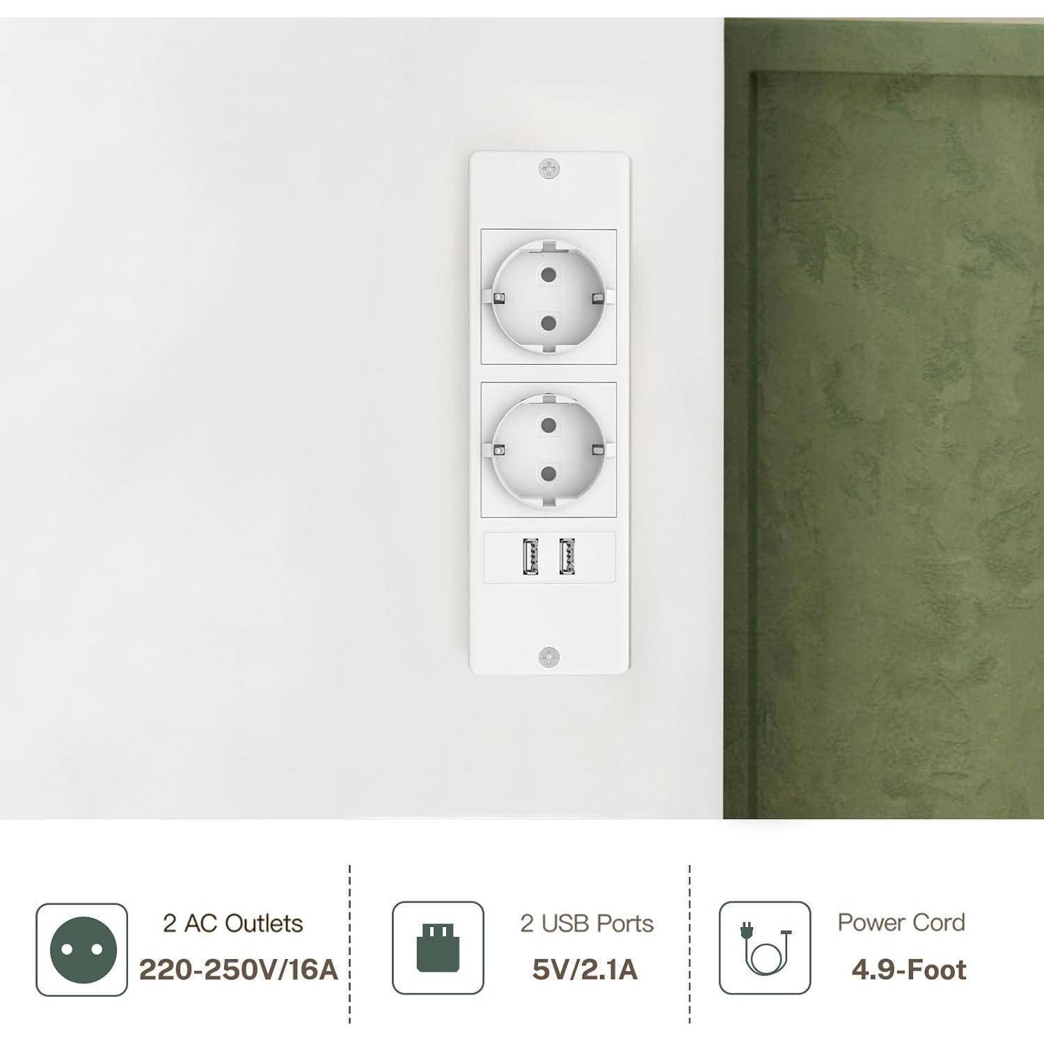 Wandsteckdosenpanel mit 2 AC-Steckdosen und 2 USB-Anschlüssen; Spezifikationen: 220-250V/16A, 5V/2,1A und 1,5 Meter Stromkabel.