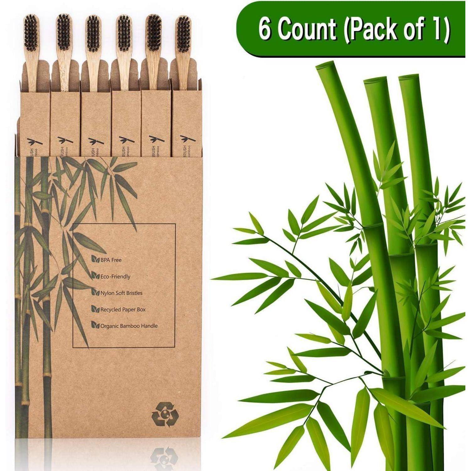 Packung mit 6 Bambuszahnbürsten in umweltfreundlicher Verpackung aus Recyclingpapier, beschriftet mit „6 Stück (Packung zu 1)