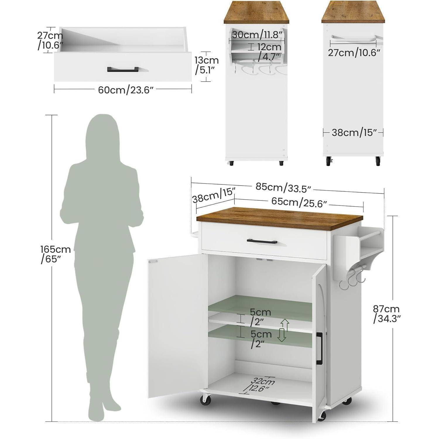 Maßstabgetreue Illustration eines weißen fahrbaren Küchenwagens mit Holzplatte, Schublade, Handtuchstange und offenen Regalen, mit Größenangaben und einer Personensilhouette als Größenvergleich.