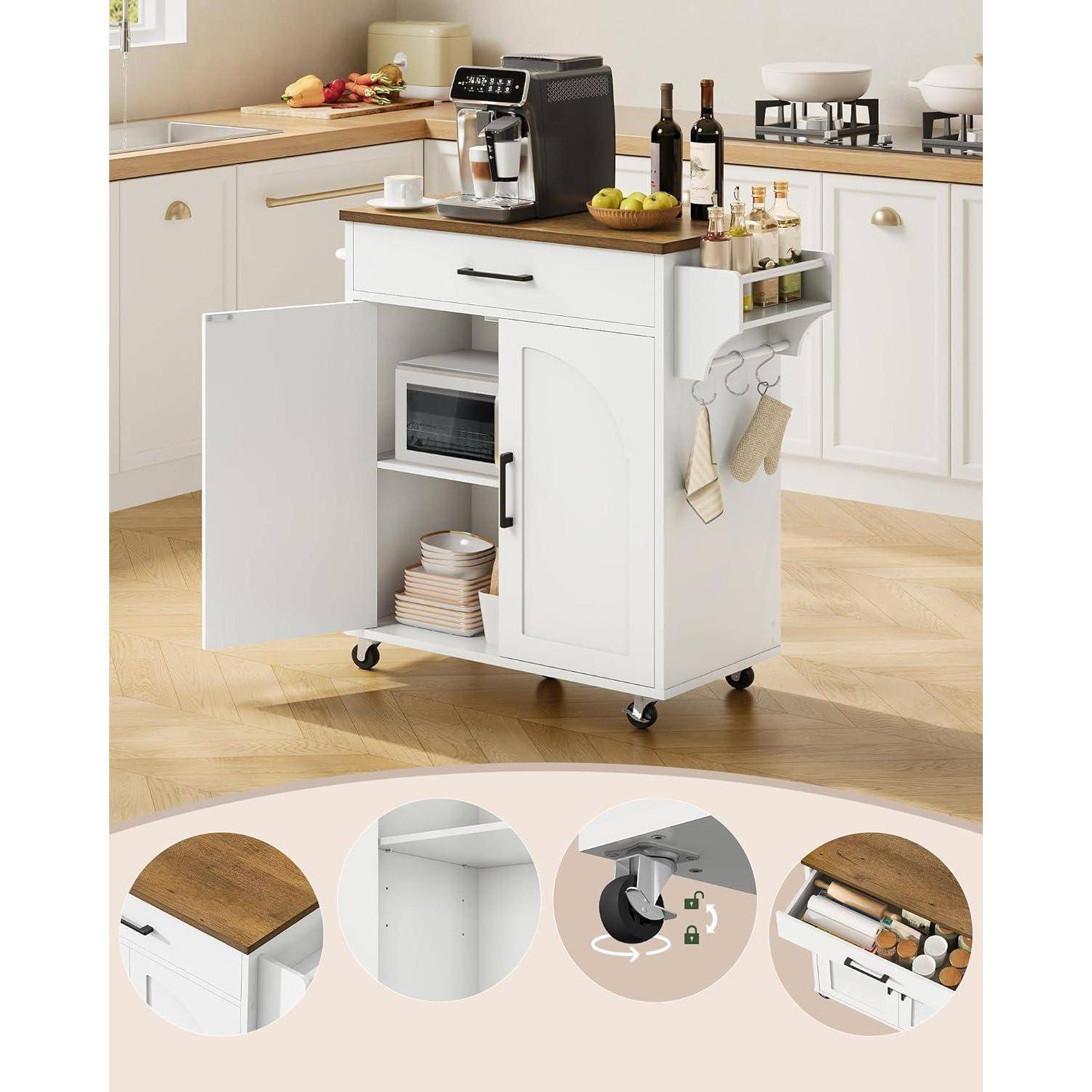 Weißer Küchen-Inselwagen mit offenem Schrank, Regal, Schublade, Handtuchstange und Rollen; zeigt Stauraum, Mikrowelle, Kaffeemaschine und Zubehör in einer modernen Küche.