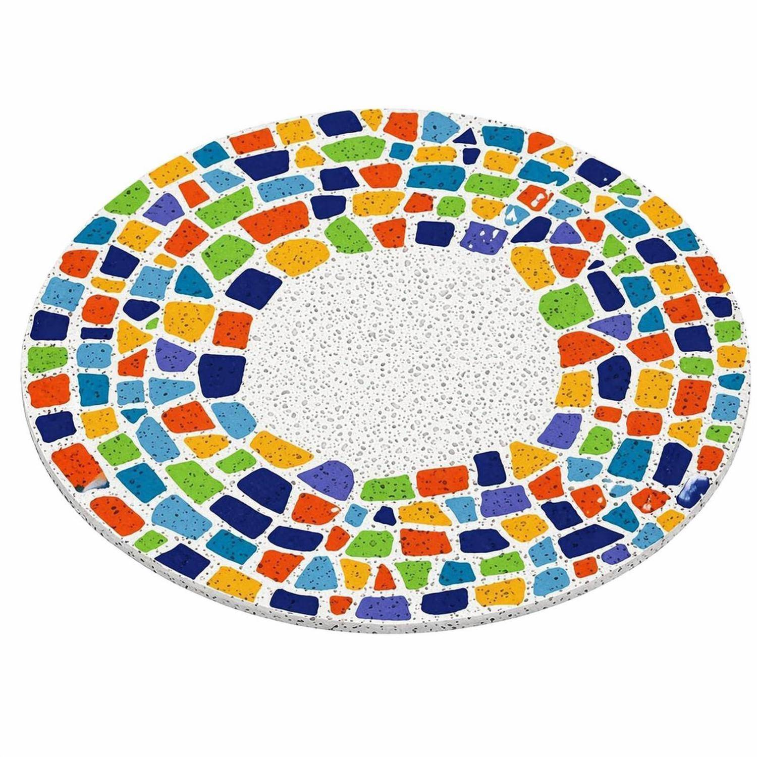Rundes weißes Tablett oder Teller mit einem farbenfrohen Mosaikmuster am Rand und leerer Mitte.