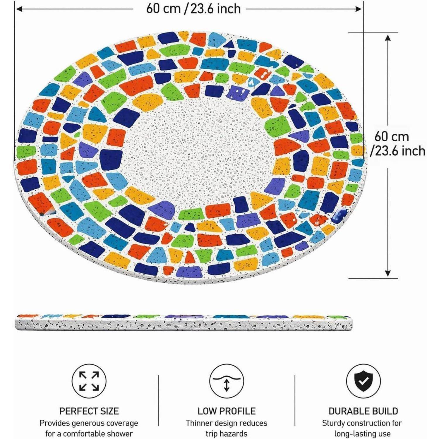 Runder Mosaikstil-Teppich, 60 cm x 60 cm, mit farbenfrohem unregelmäßigem Fliesenmuster und Produktsymbolen darunter, die perfekte Größe, niedriges Profil und langlebige Konstruktion zeigen.