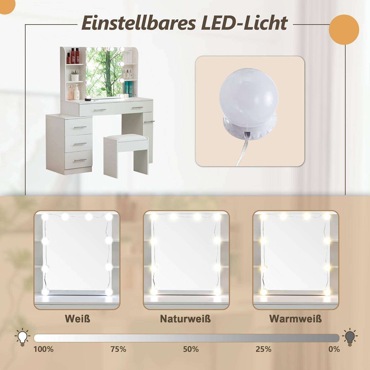 Grafik, die einen verstellbaren LED-Schminktischlicht mit Farboptionen mit den Bezeichnungen „Weiß", „Naturweiß"" und „Warmweiß"" sowie einer Helligkeitsskala von 100% bis 0% zeigt.